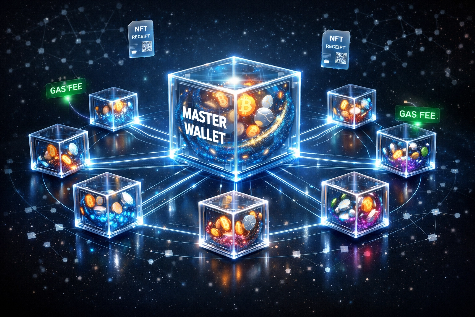 Larecoin master wallet architecture with connected sub-wallets and NFT receipt system