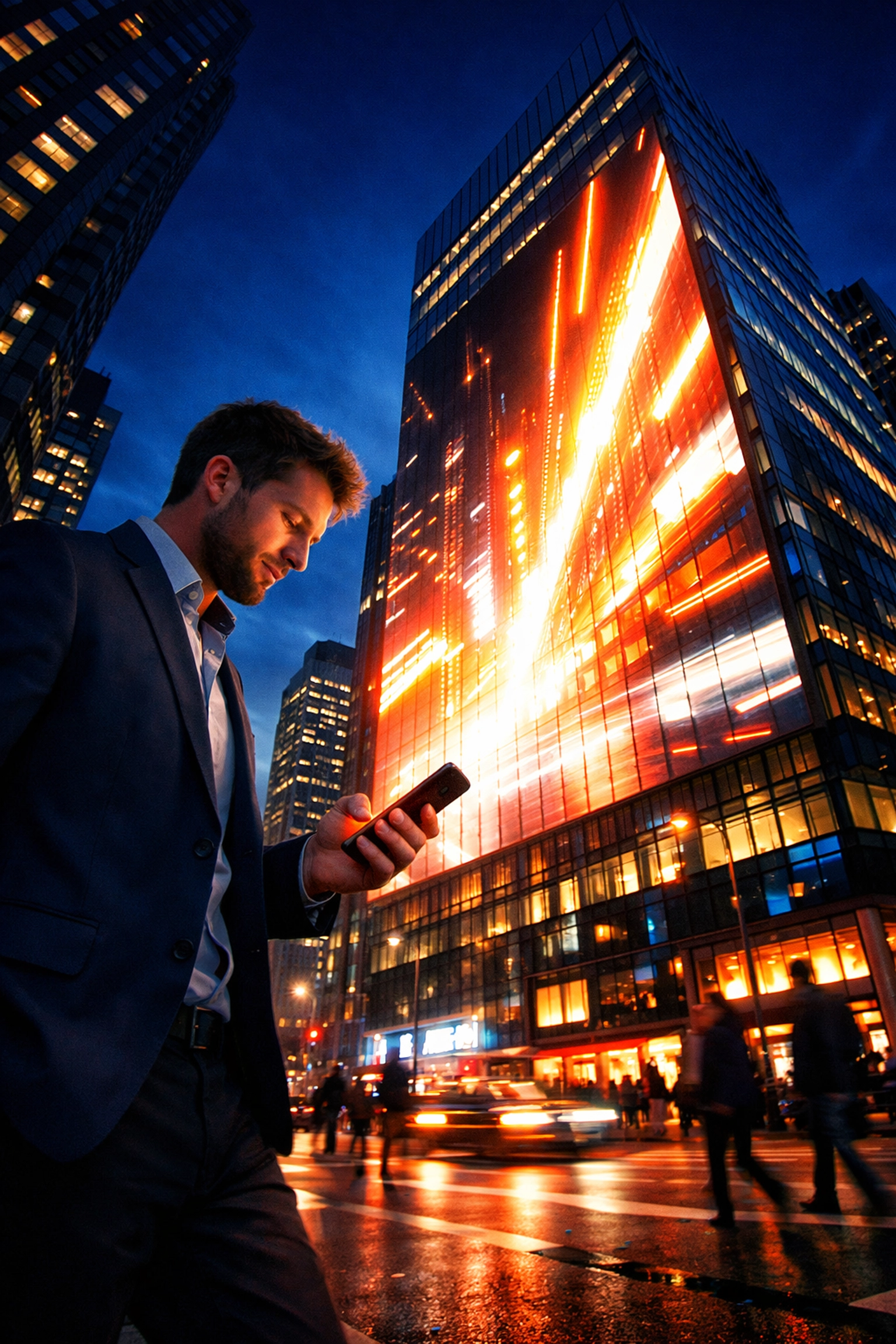 Professional using a mobile device near a large digital billboard illustrating omnichannel branding strategies.