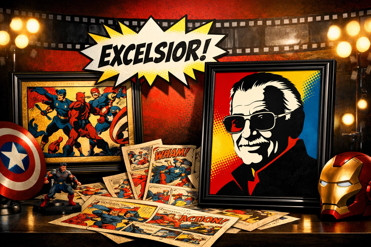 Stan Lee tribute hero image featuring comic-book panels, “Excelsior!” speech bubble, and superhero movie elements.