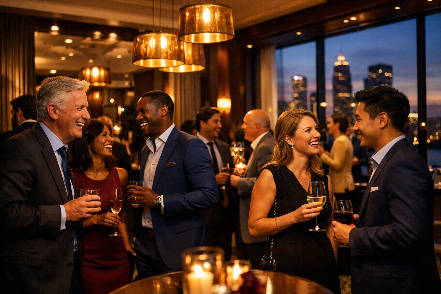 Corporate executives networking at exclusive pre-game Super Bowl event
