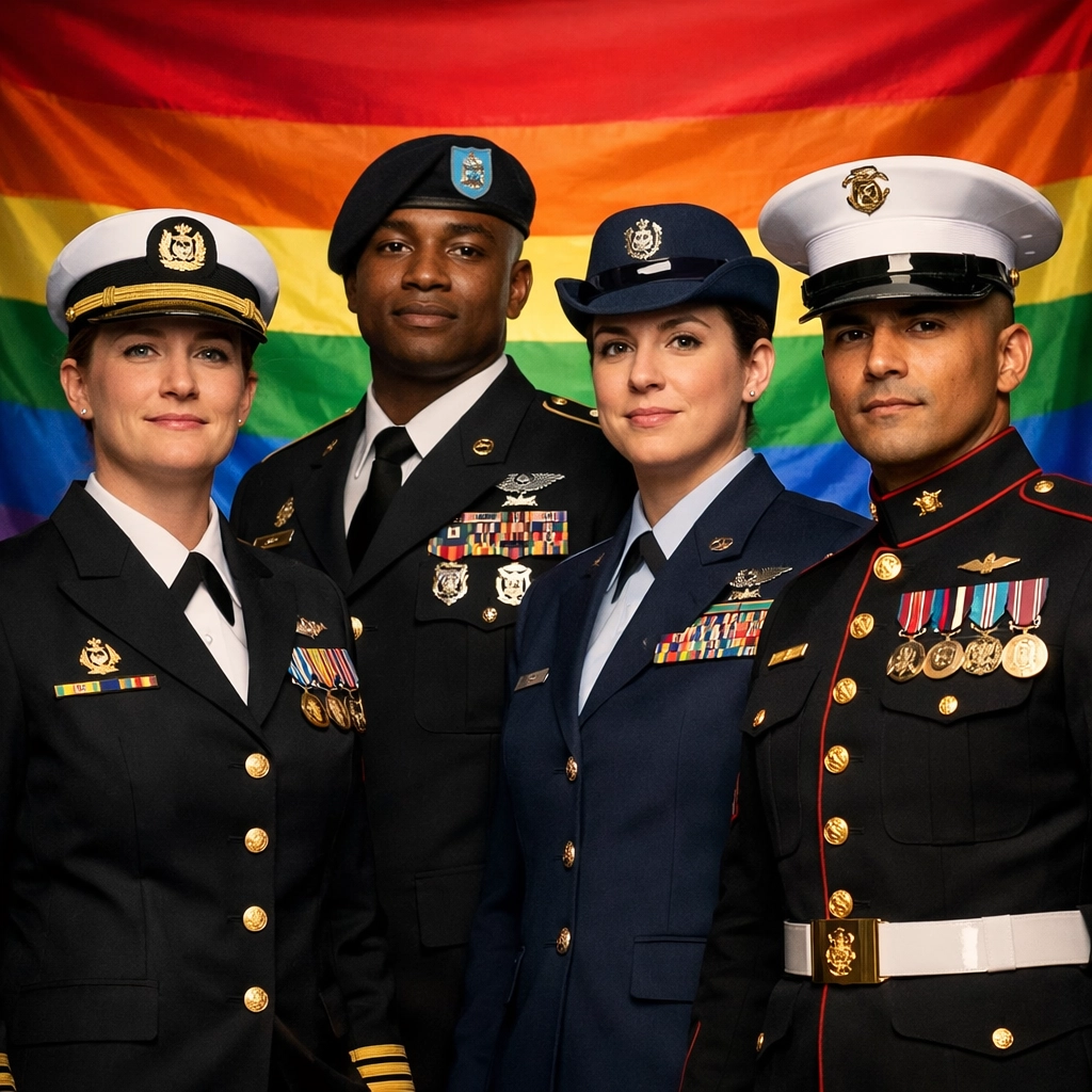 LGBTQ+ service members from all military branches in dress uniform at Pride event