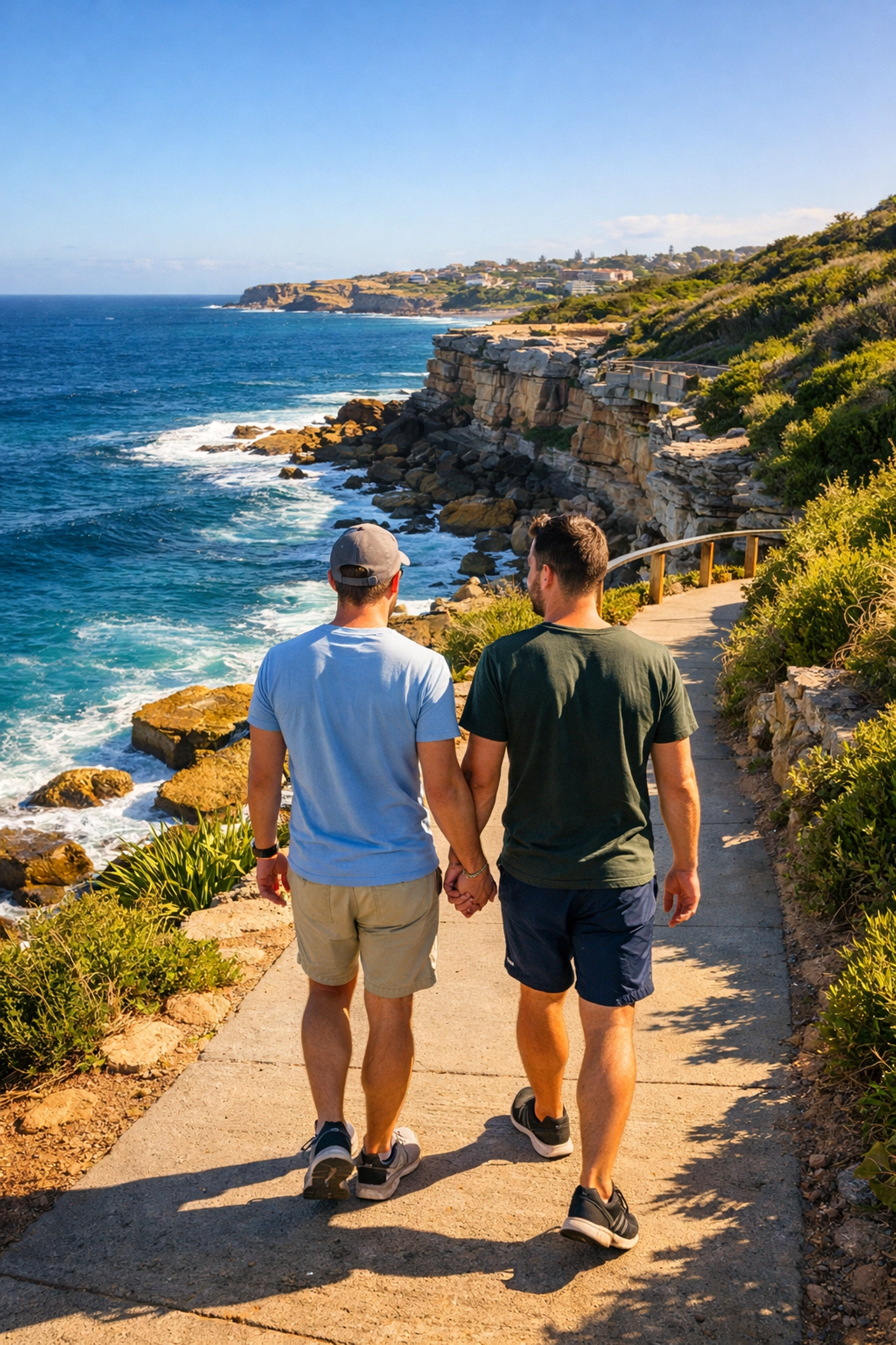 Two men holding hands walking the scenic Bondi to Coogee coastal path in Sydney