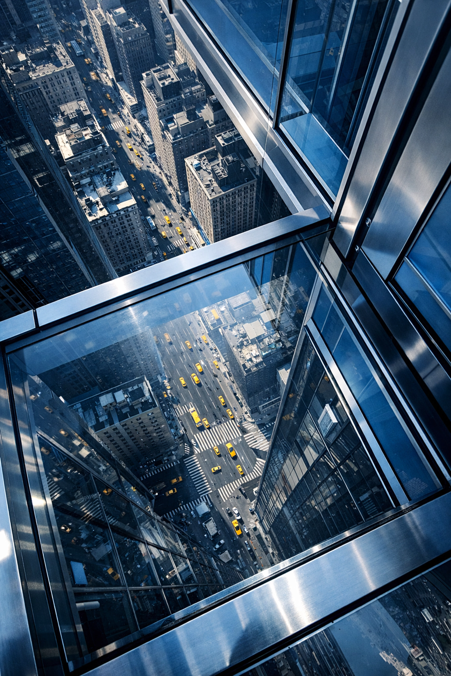 Looking down at NYC taxis through a glass floor at The Edge, a unique high-angle photo spot near me.