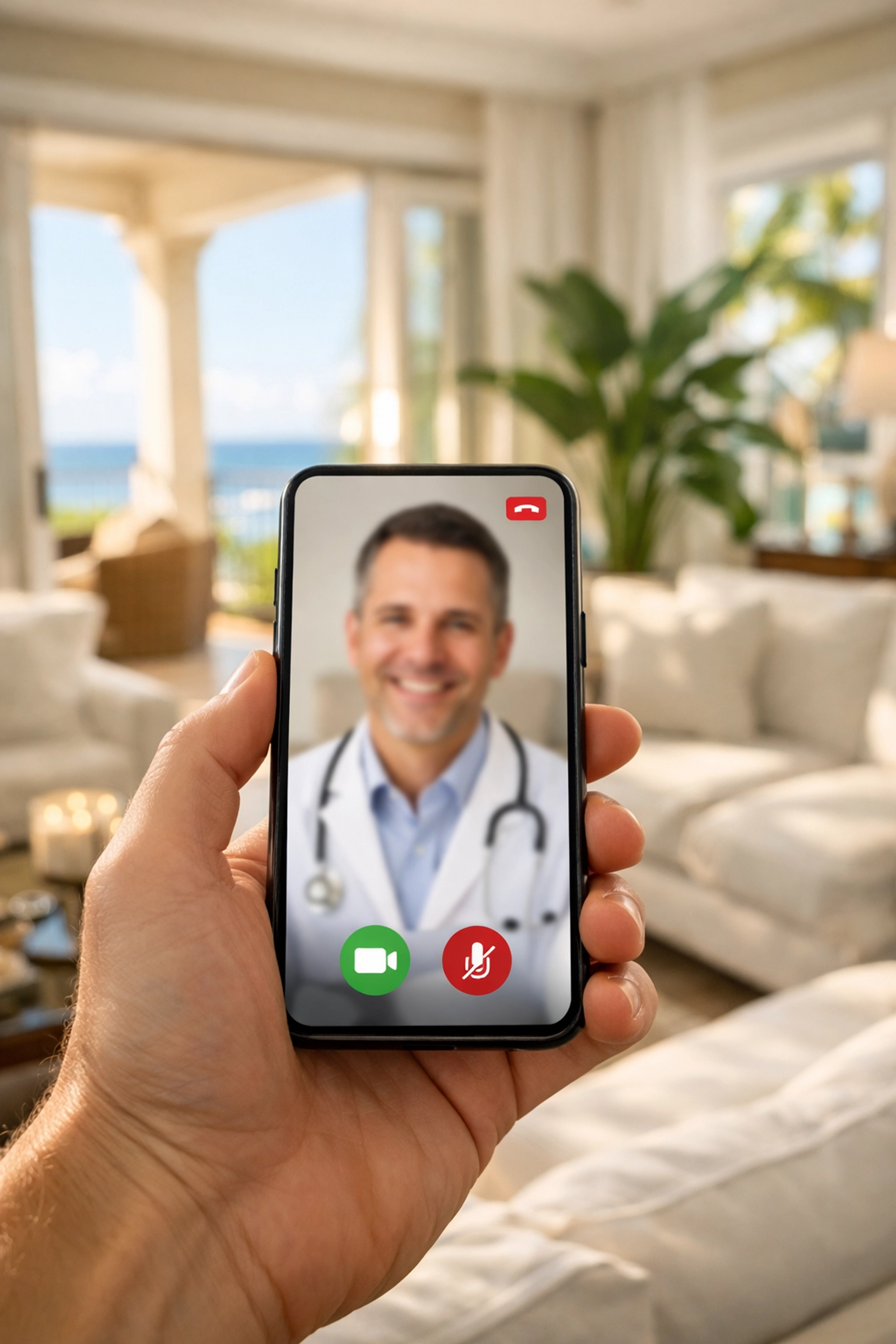 A patient accesses 24/7 care through concierge medicine in Naples, FL, via a smartphone video call.
