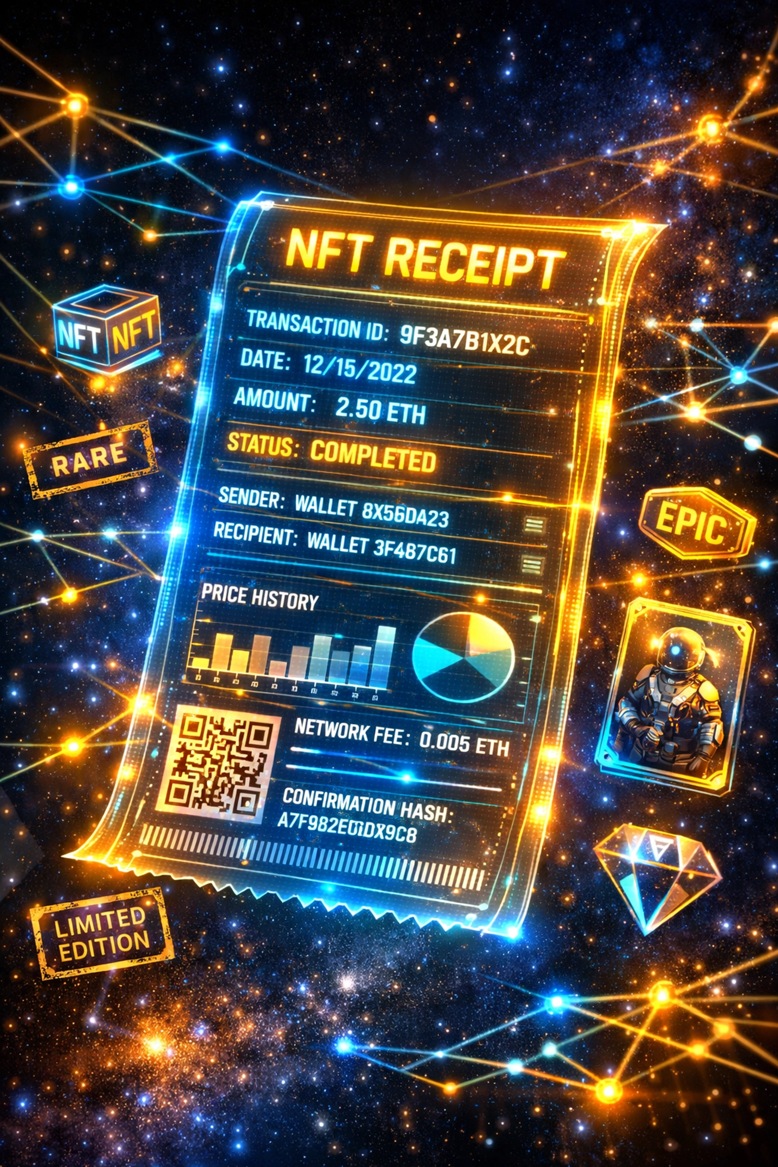 Digital NFT receipt displaying blockchain transaction details and payment verification