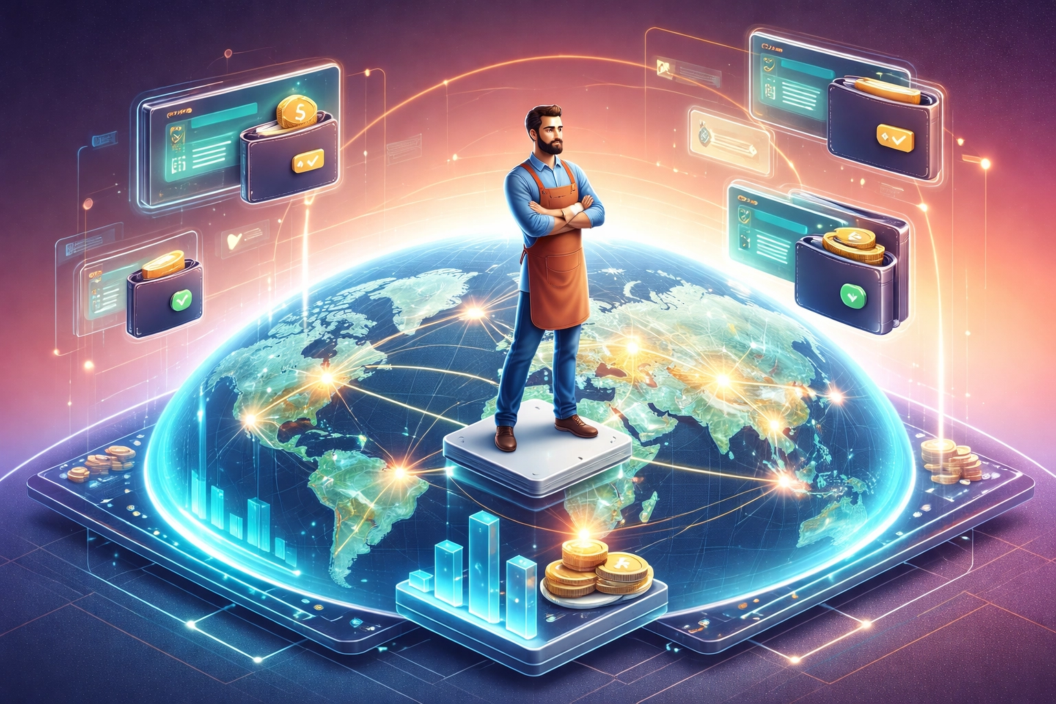 Small business owner managing global payments with digital wallets and instant transactions, highlighting Larecoin's borderless Web3 POS solution.