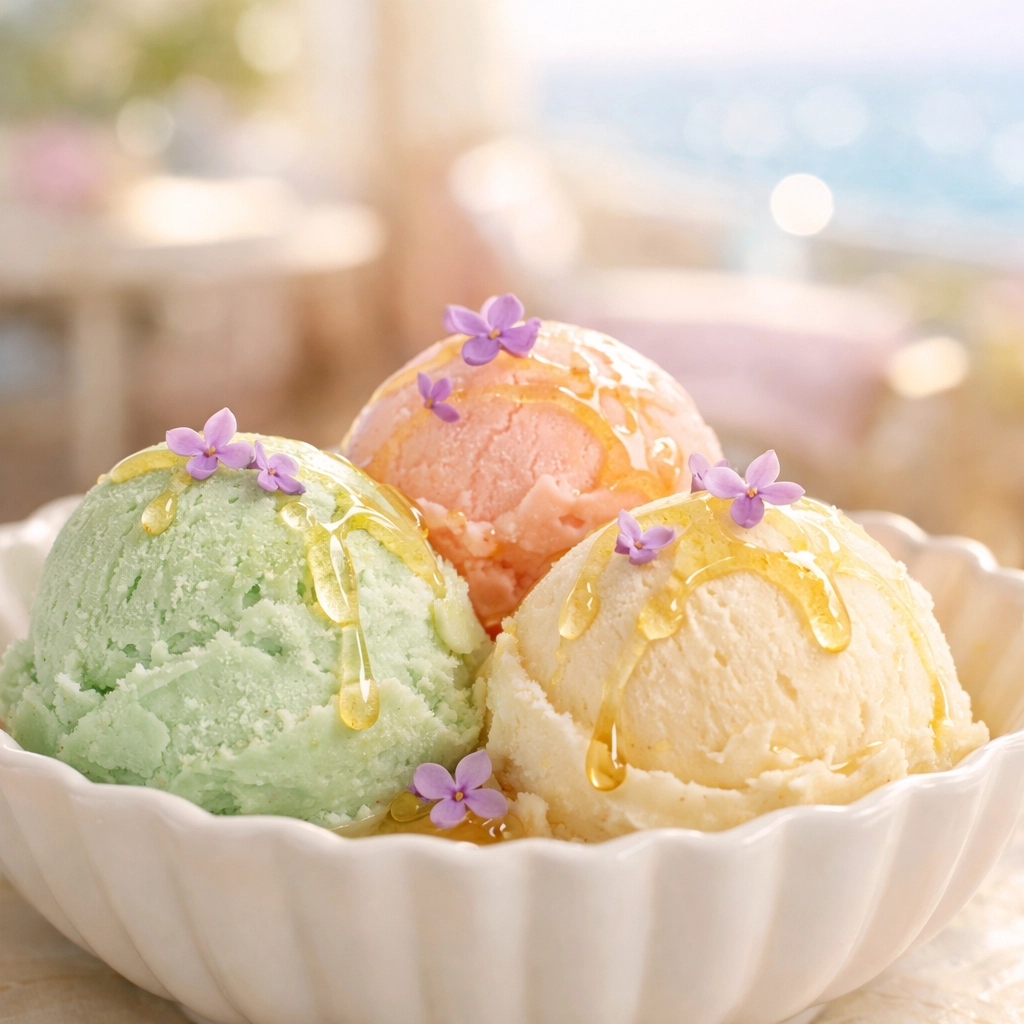 Artisanal scoops of mint, strawberry, and vanilla ice cream at Little Dreams Cafe in Felixstowe.