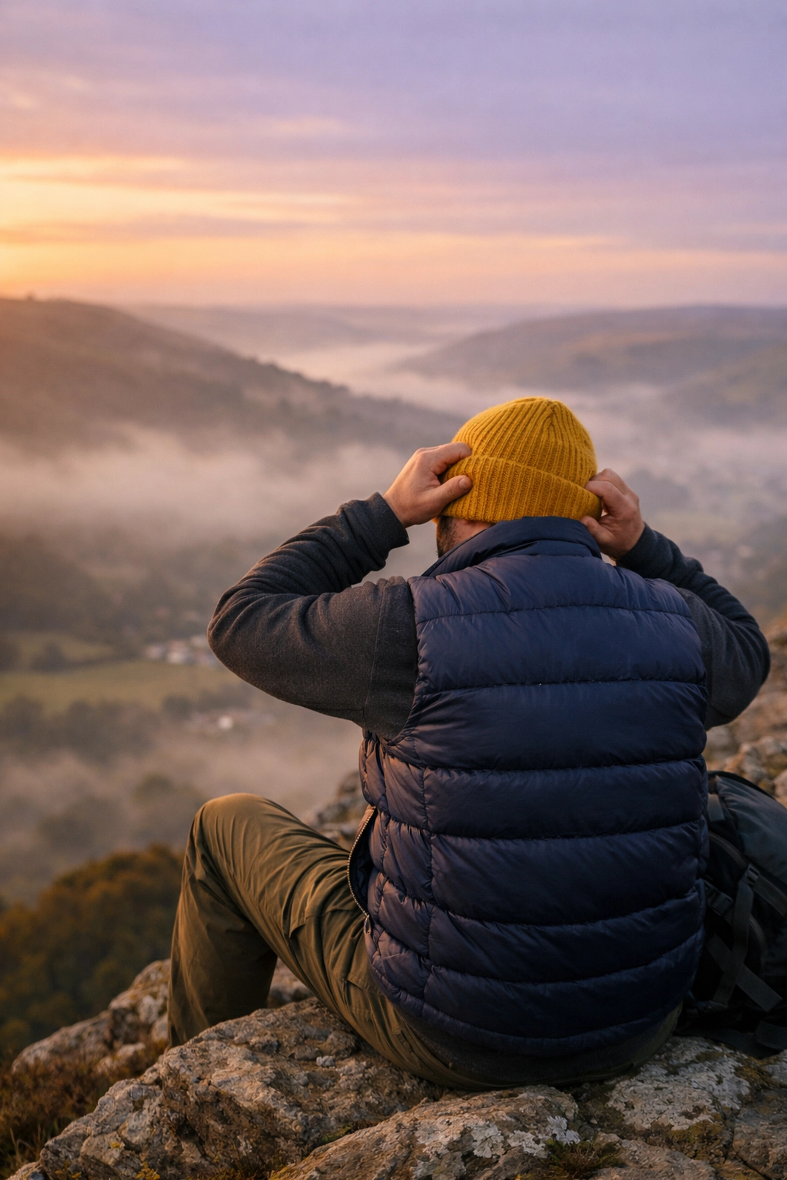 A hiker layering with a wool beanie during a guided wild camping trip in the British countryside.