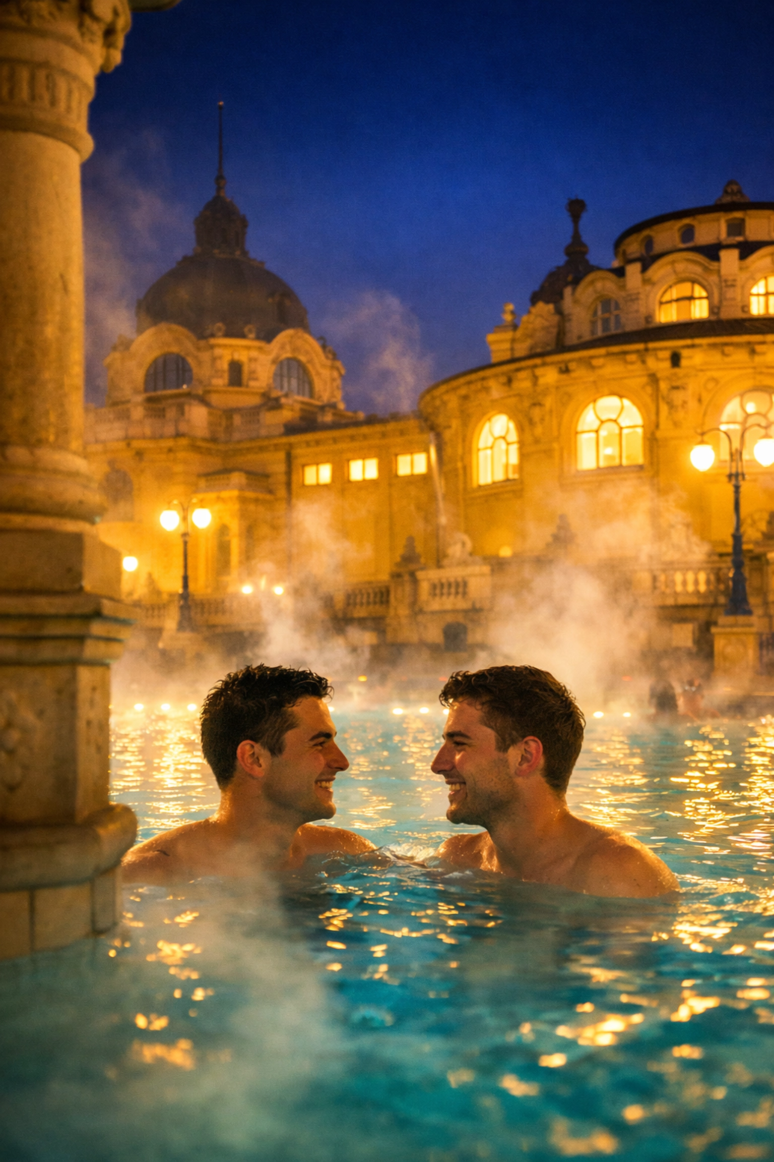 Gay couple enjoying Széchenyi Thermal Bath outdoor pool at night in Budapest