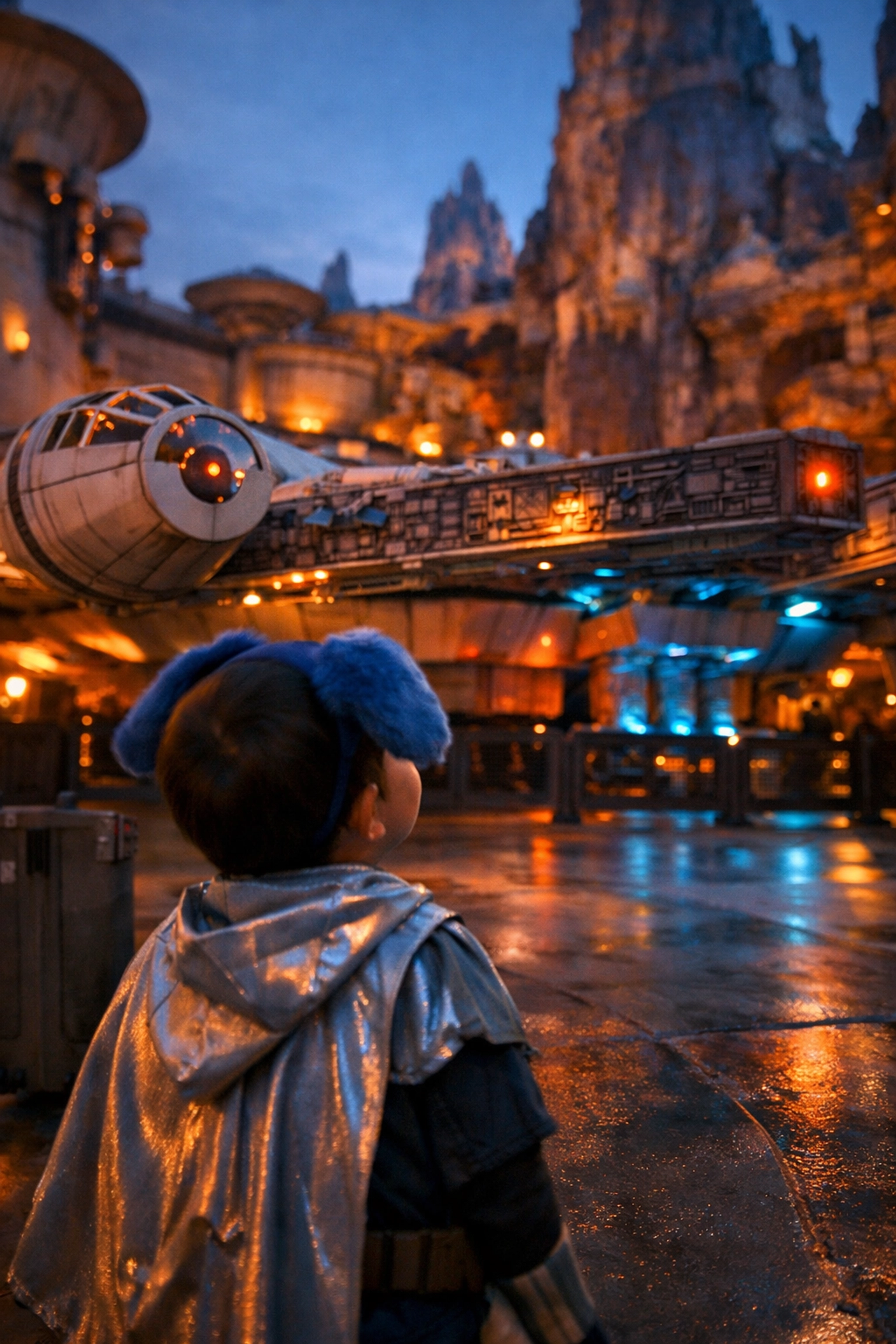 A young fan in a Mandalorian cape looking at the Millennium Falcon in Disney's Galaxy's Edge.