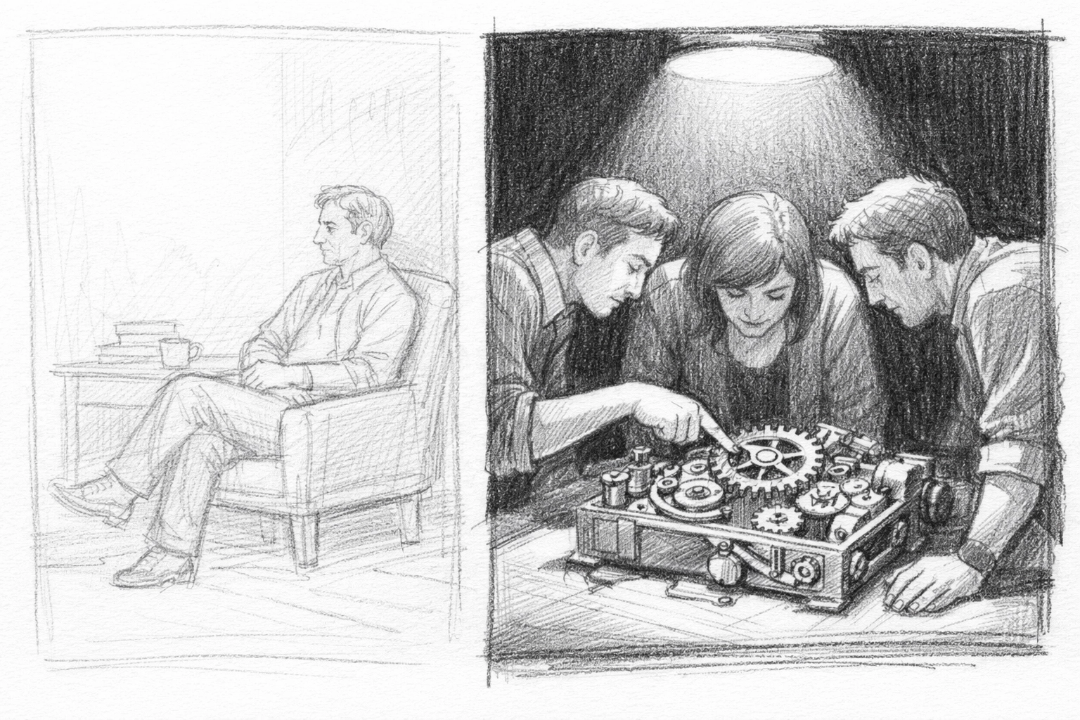 Collaborative script development group examining a clockwork engine as a metaphor for story logic.