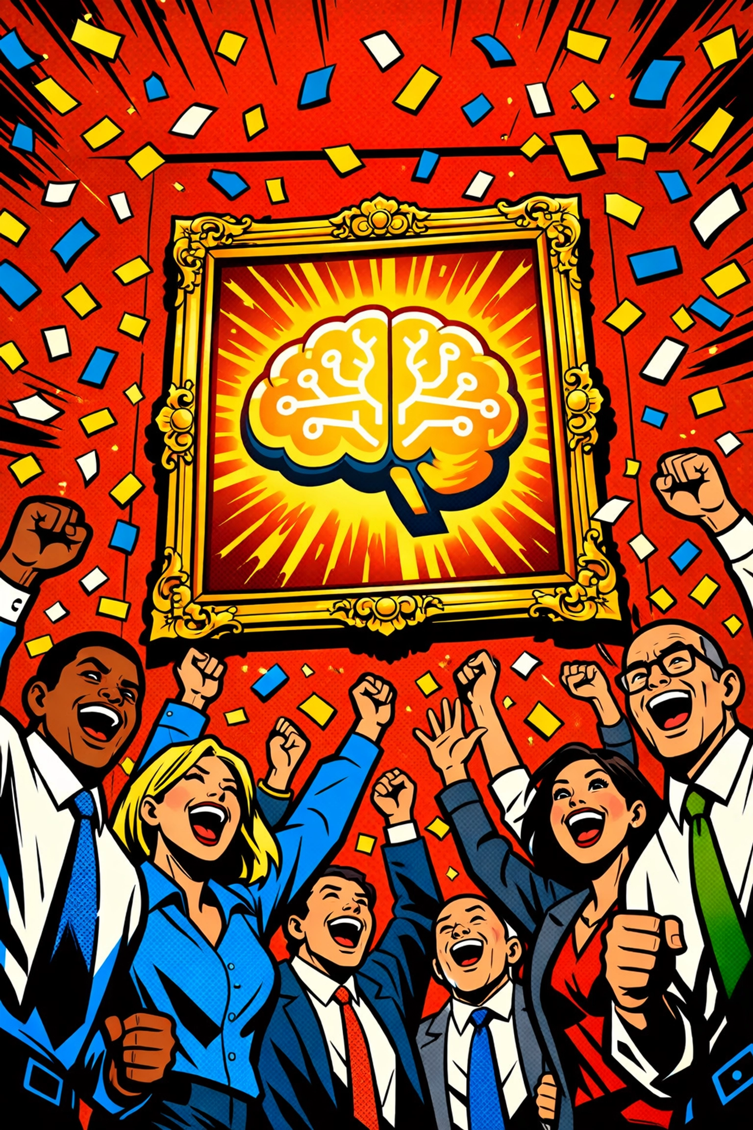 Team of workers celebrating business growth and productivity gains using workflow automation for small business.