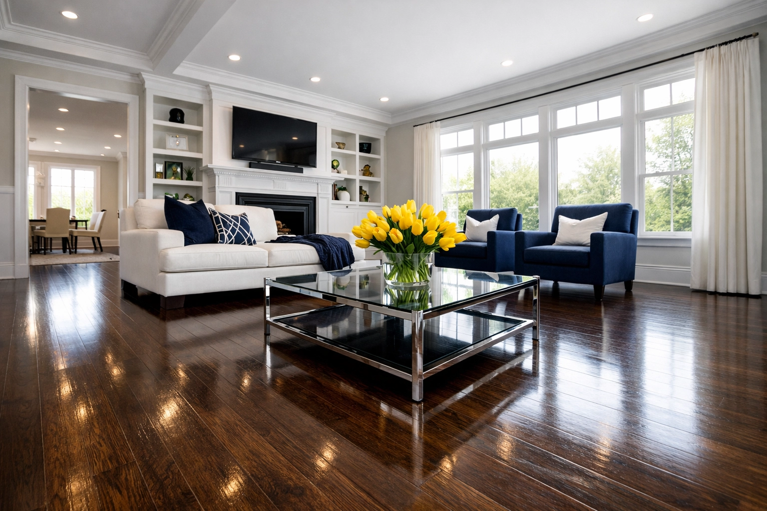 Clean living room with hardwood floors maintained by a weekly house cleaning Leominster service.