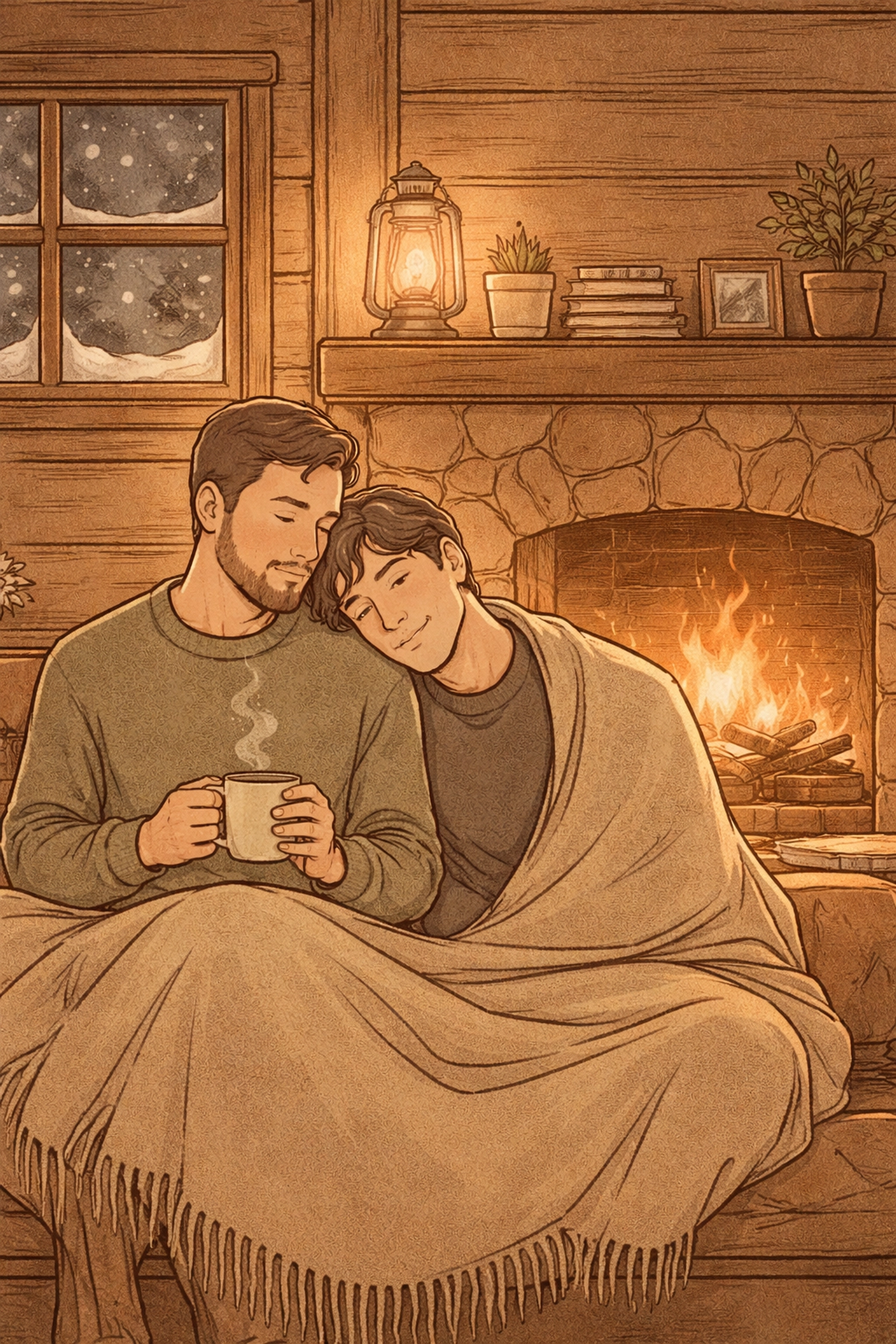Gay couple cozily sharing a quiet moment by the fireplace in a winter cabin, highlighting the theme of intimacy as ritual in the story.