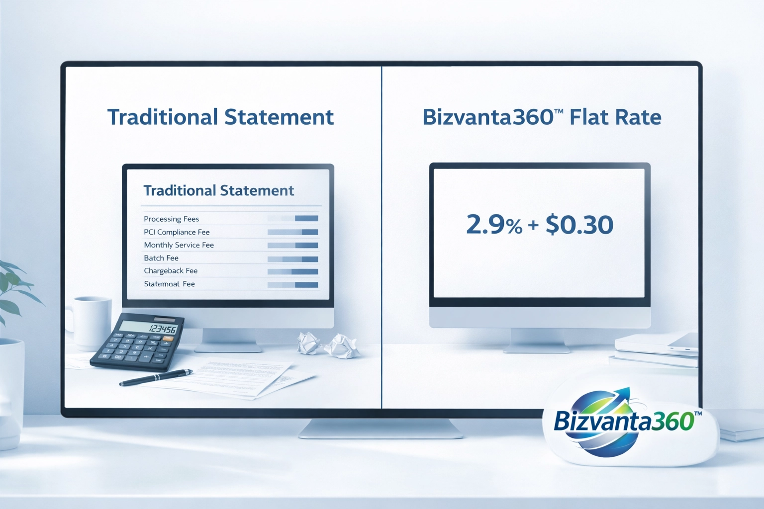 Clean modern comparison visual in a bright startup setting: “Traditional Statement” clutter vs “Bizvanta360™ Flat Rate” simplicity, with sleek tech styling and Bizvanta360™ logo integrated.