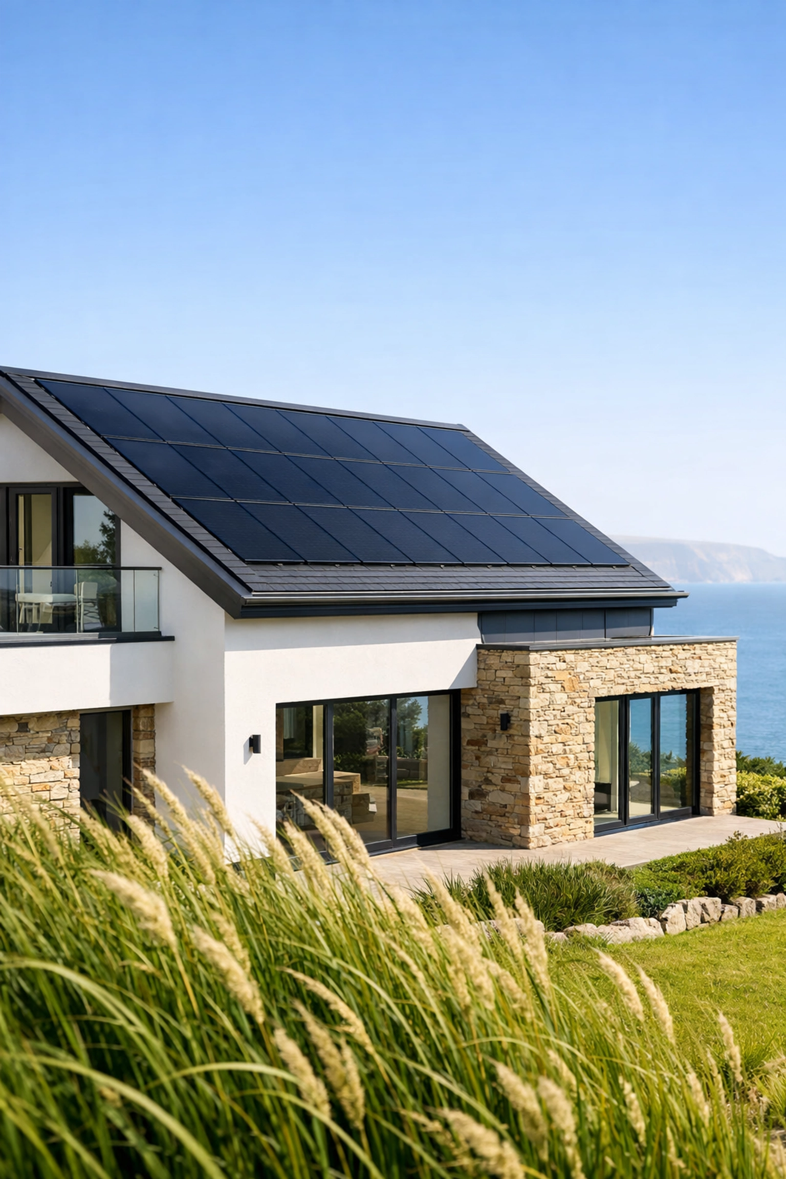 Modern solar panels on a coastal Dorset home representing expert local installation.