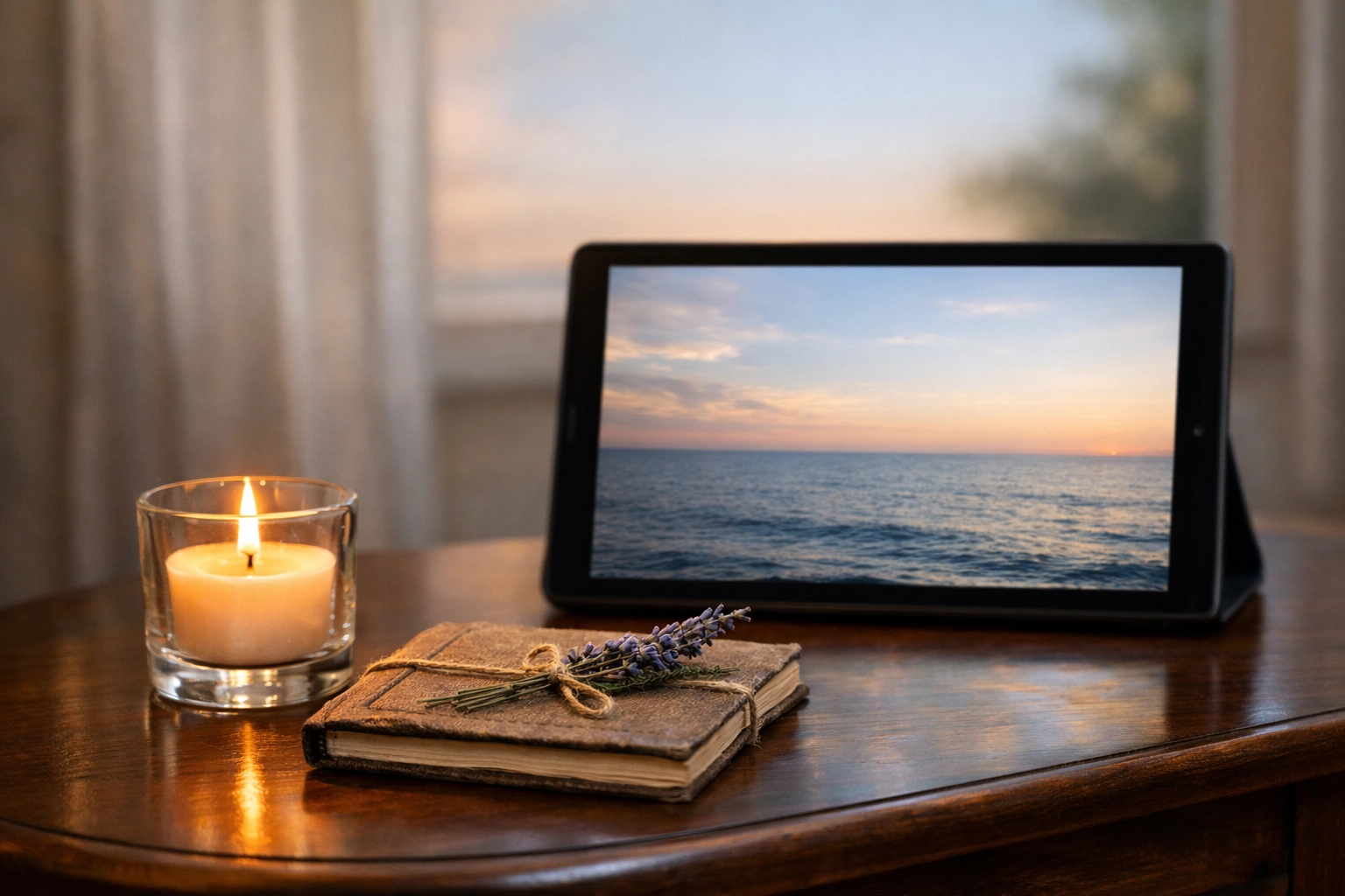 A memorial candle and tablet showing a live-streamed farewell ceremony at sea, a unique memorial service idea.