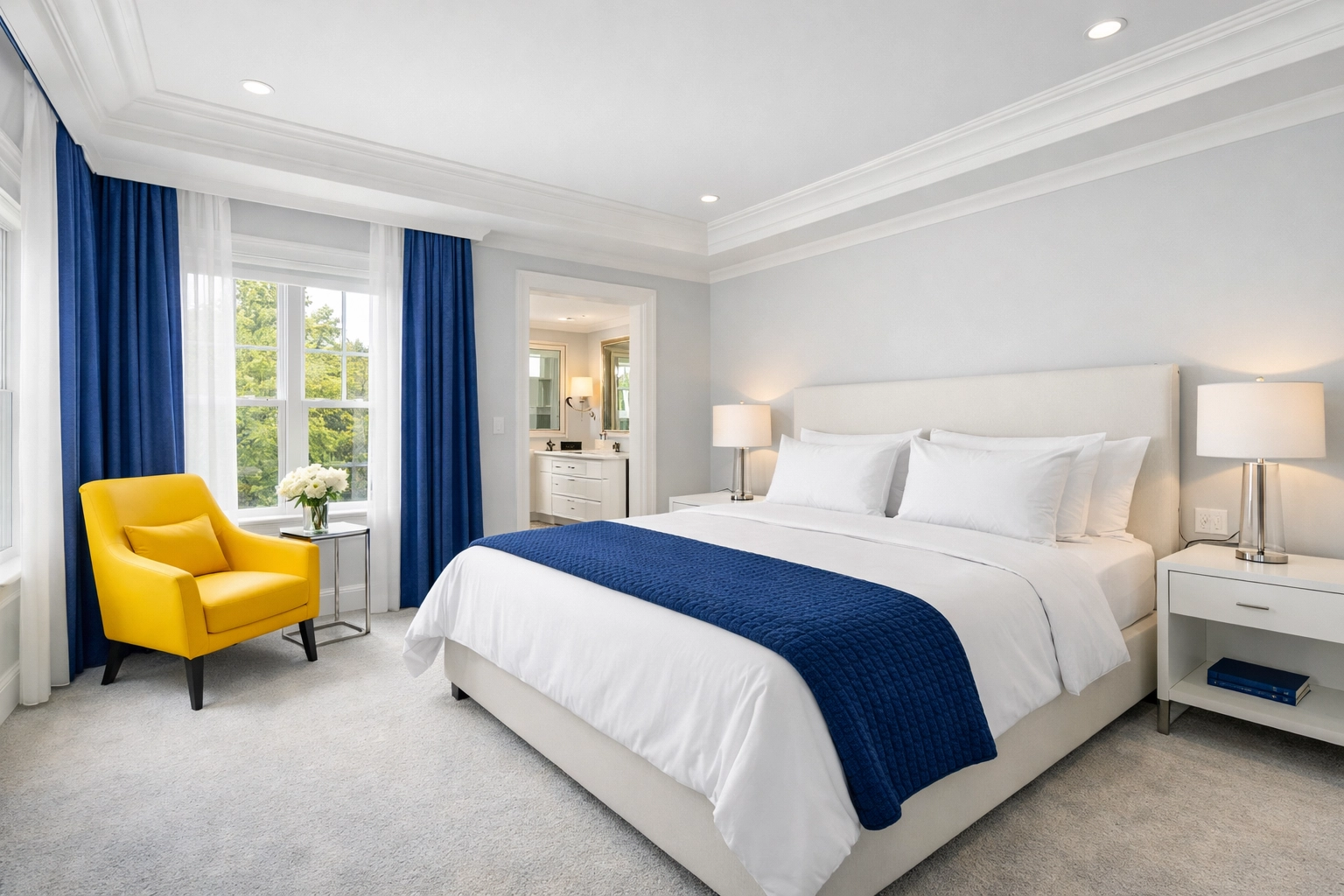 Sanitized and organized master bedroom suite after professional deep cleaning.