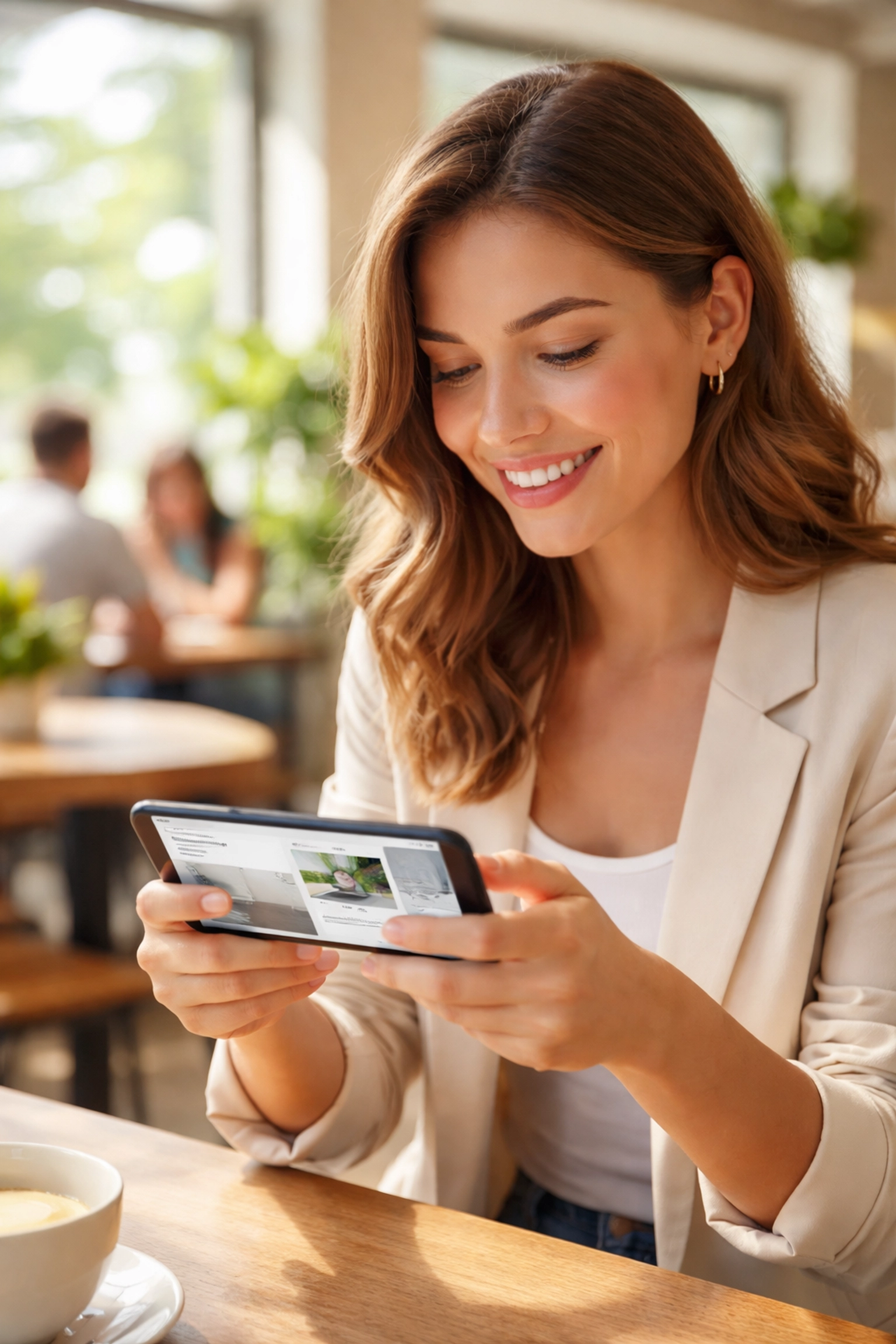 Woman smiling while browsing a mobile-optimized website in a coffee shop, showing mobile responsiveness