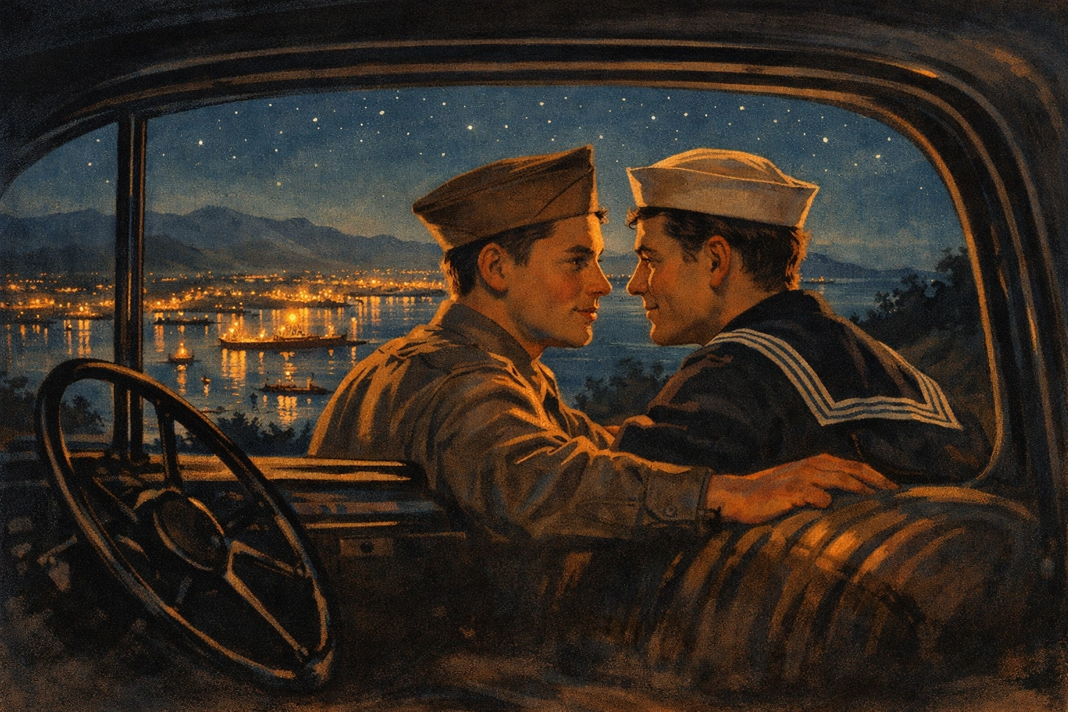 Two servicemen in love overlook Pearl Harbor the night before December 7, 1941 attack
