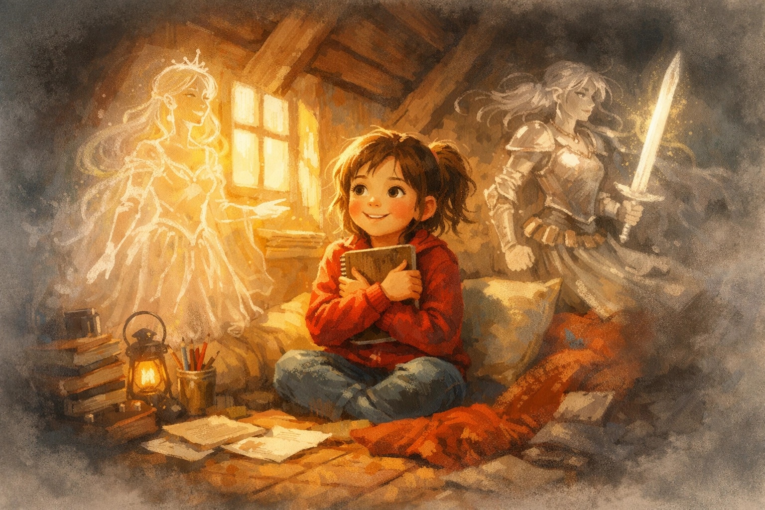 Young girl in a sunlit attic with a journal, surrounded by glowing imaginary figures of a princess and warrioress.