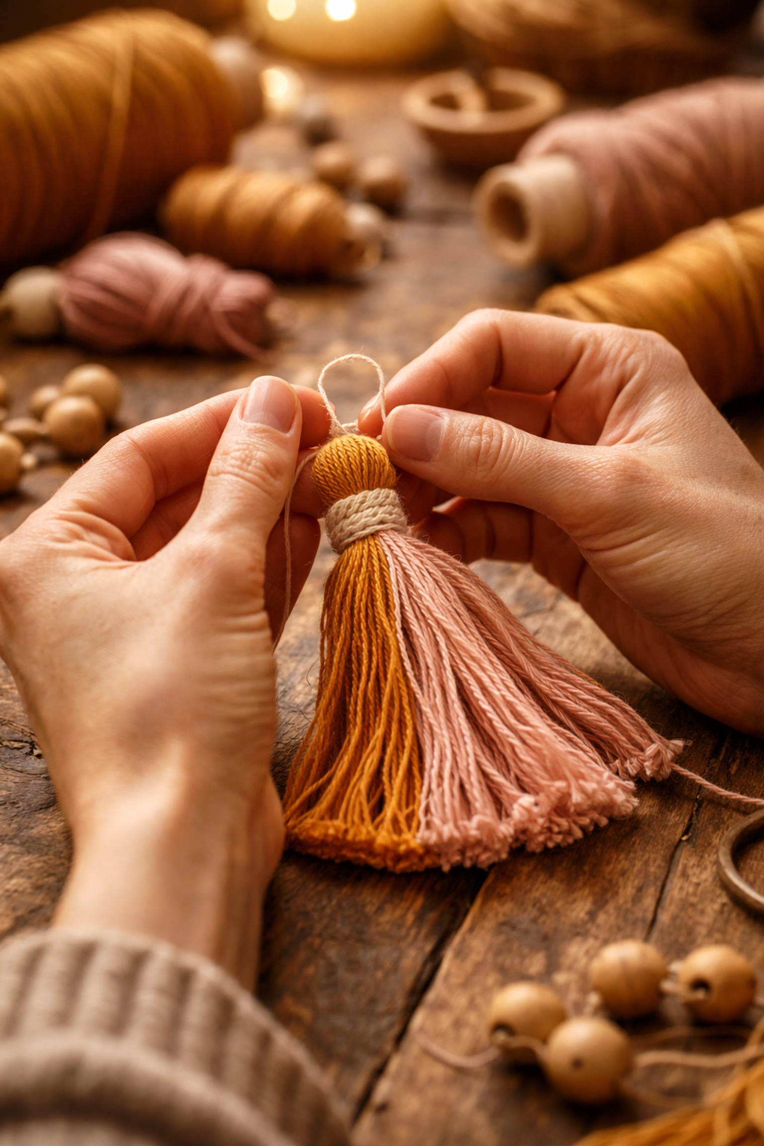Artisan hands knotting a cotton tassel on wood, emphasizing the handmade process of fringe and tassel creation