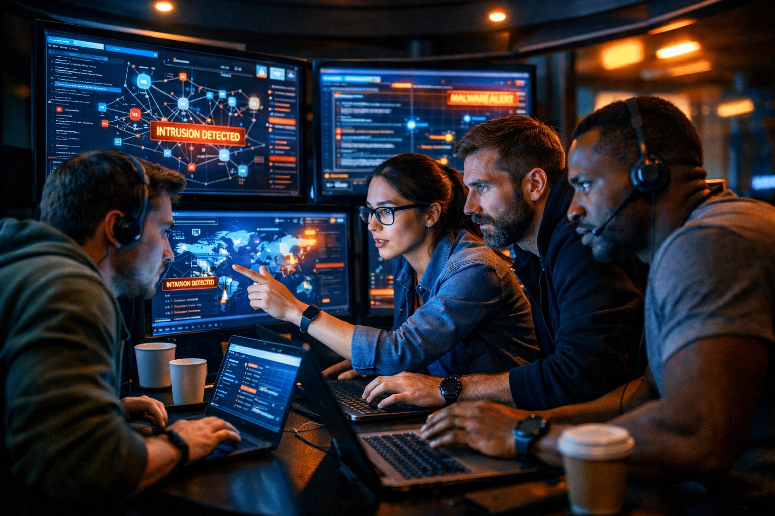 Cybersecurity professionals monitoring threat dashboards in pod workspace with multiple displays