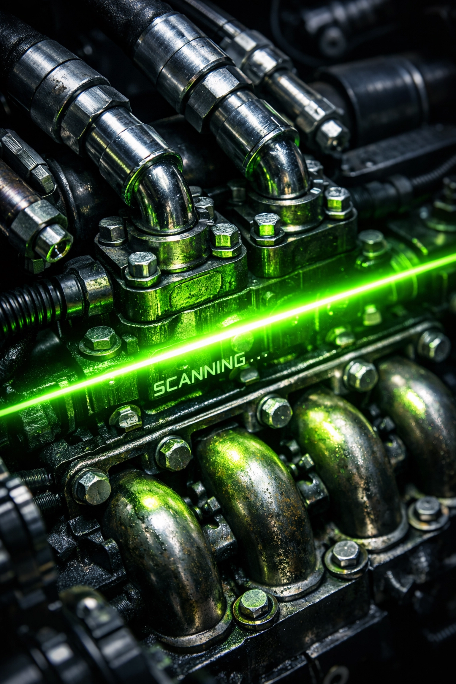 Close-up of a forklift engine and hydraulic system during a digital telematics diagnostic check.