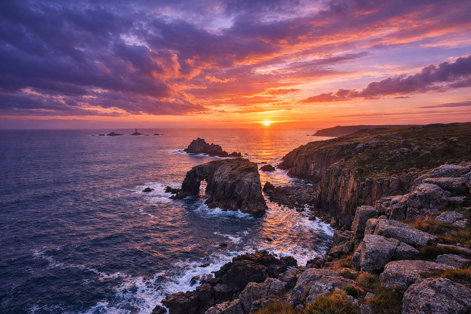 Dramatic view of the Cornish cliffs and Atlantic Ocean at sunset for scattering ashes ceremonies.