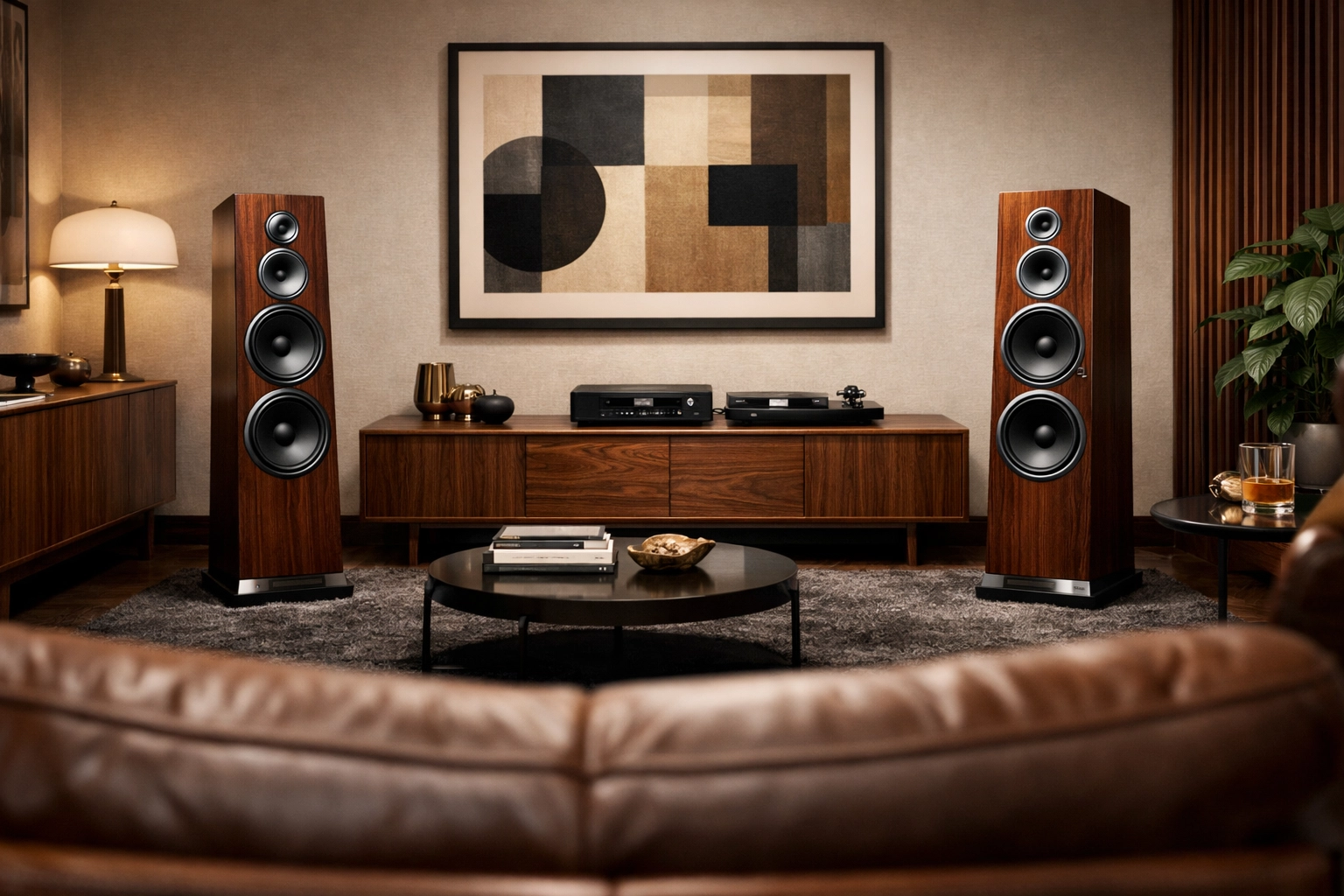 High-end walnut Hi-Fi speakers in a modern lounge room for professional audio entertainment.