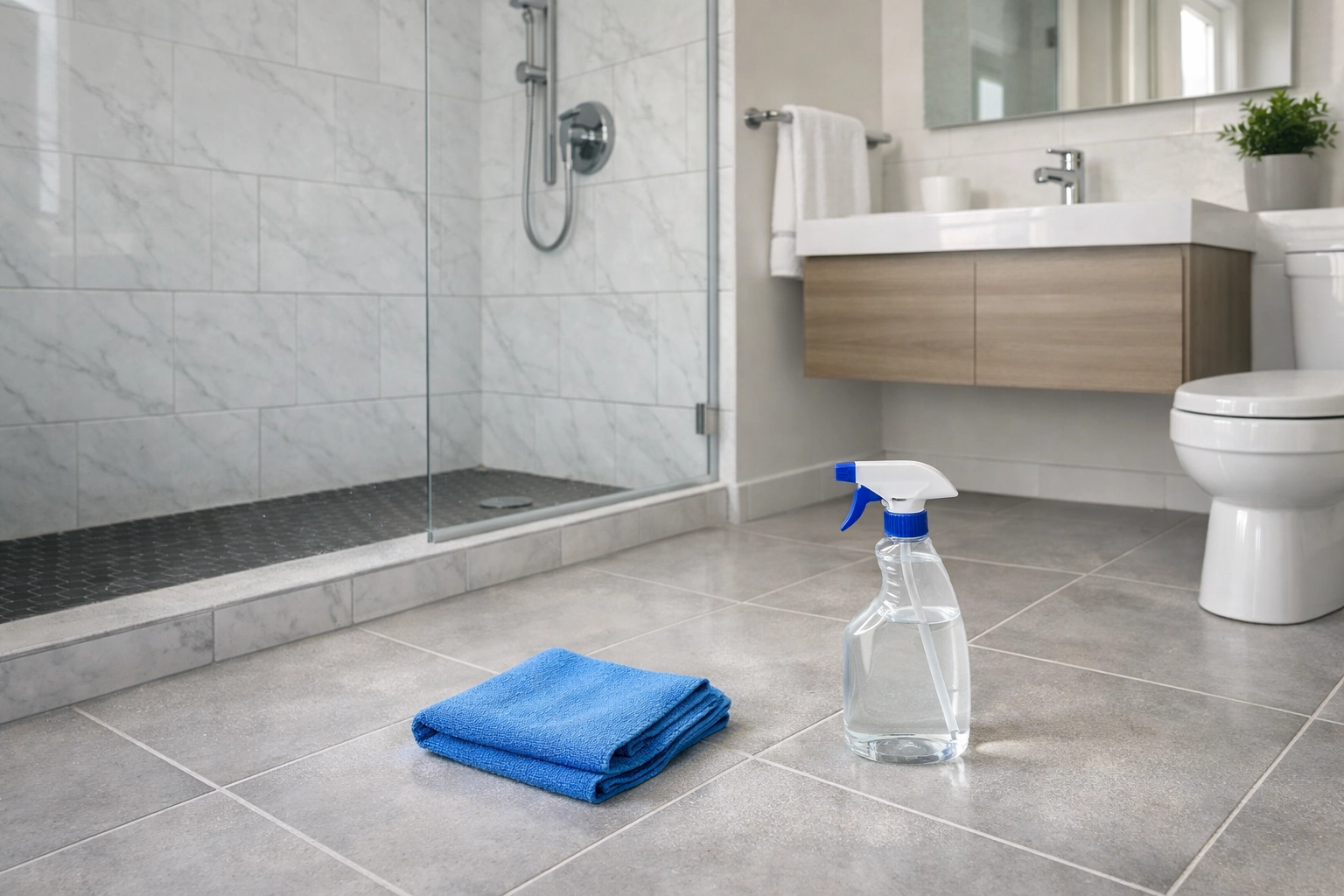 Bright modern bathroom renovation with tiled surfaces and subtle post-construction dust, staged with microfiber cloth and spray bottle.