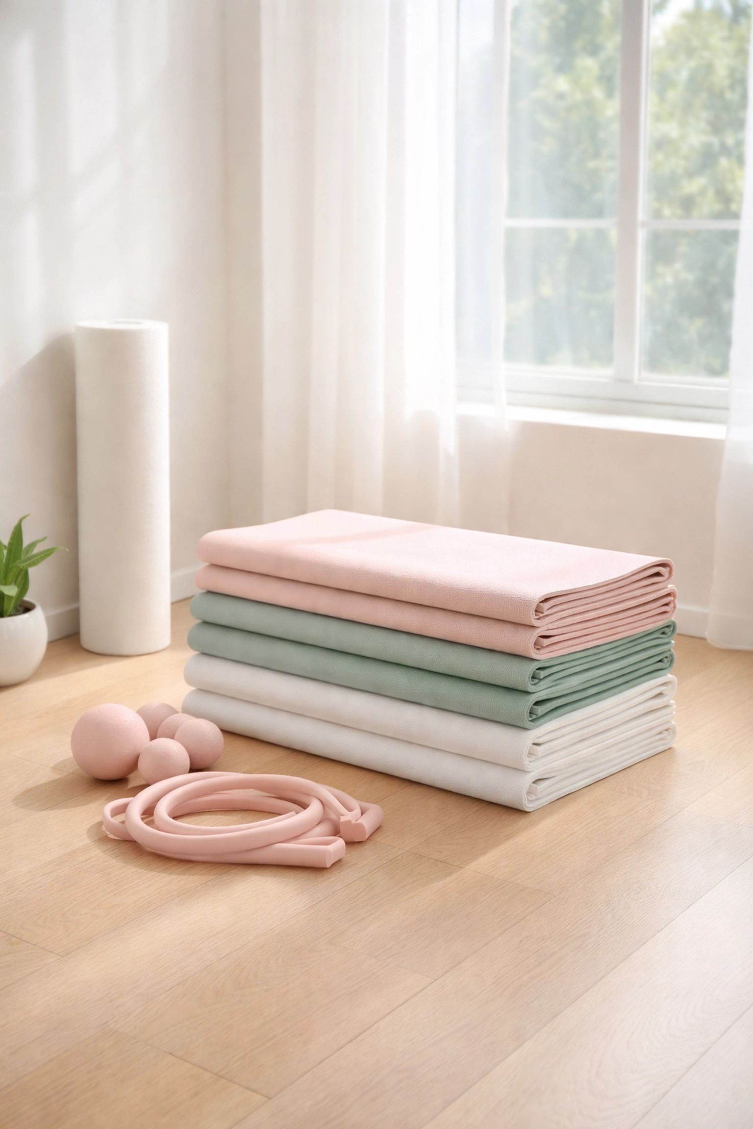 Bright Denver Pilates studio corner with stacked mats and props, illustrating a welcoming fitness space