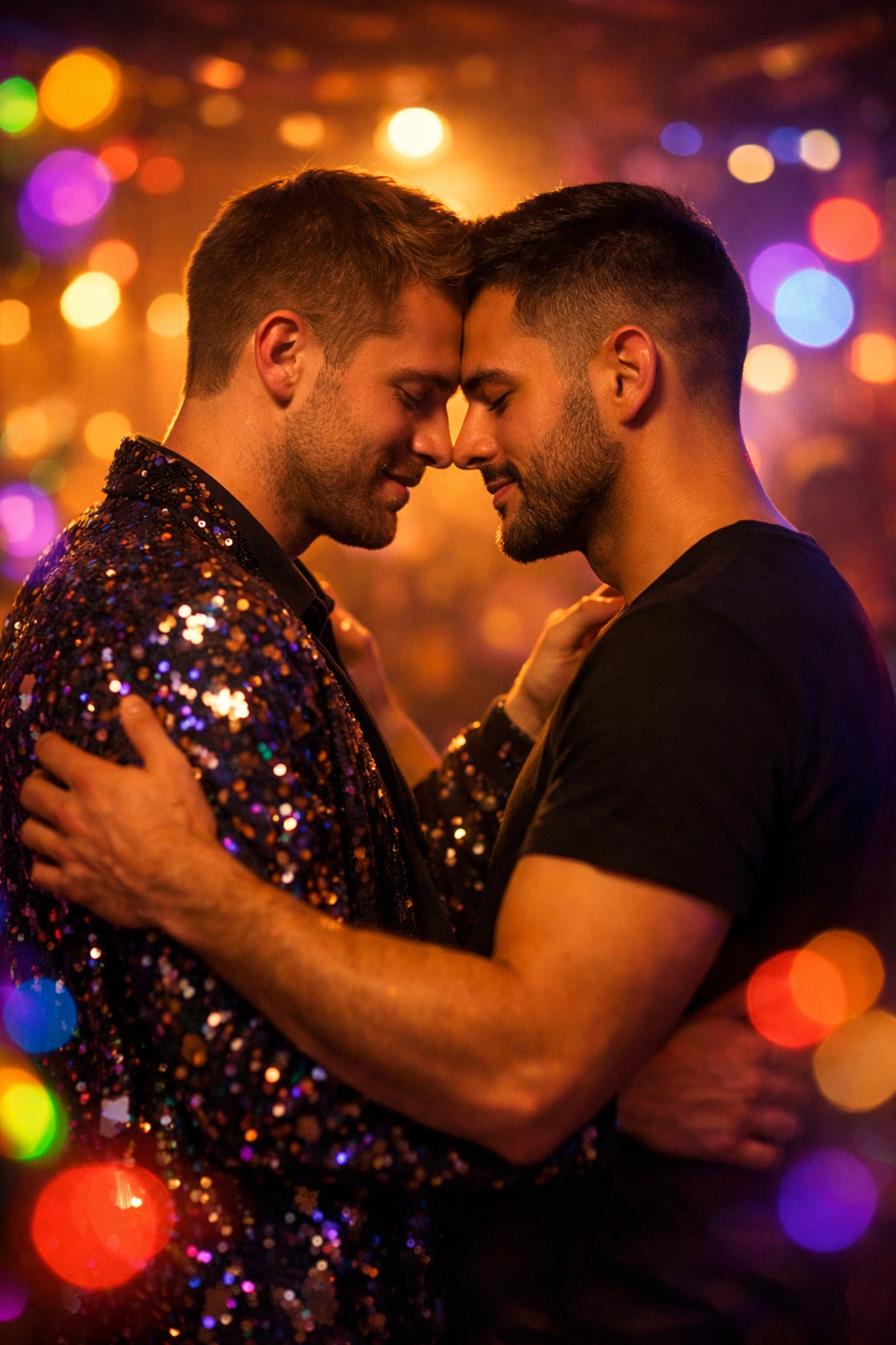 Gay couple slow dancing at Eurovision Euroclub in safe and welcoming space