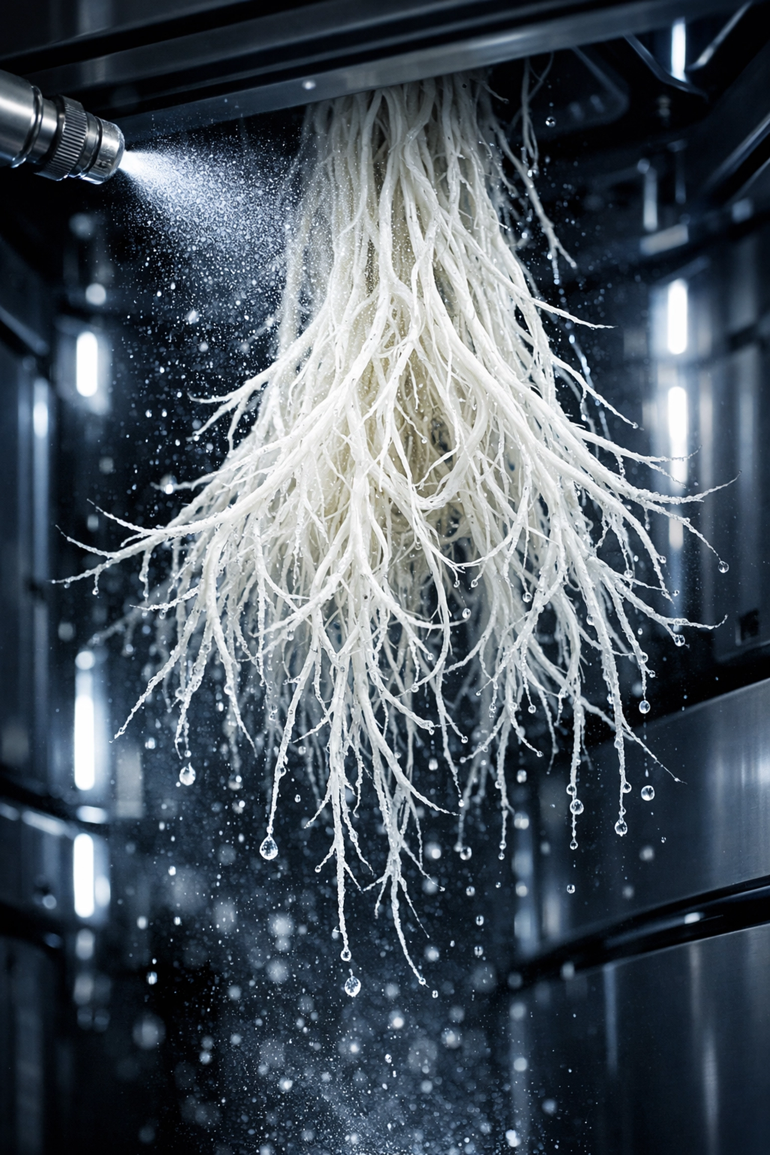 Healthy plant roots suspended in a high-tech aeroponic chamber for efficient urban gardening.