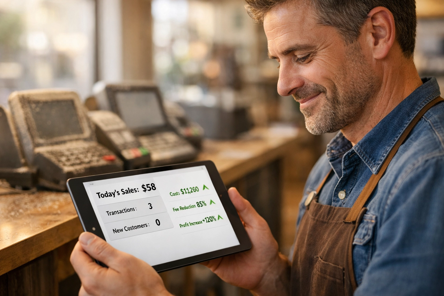 Retail merchant reviewing Larecoin fee savings dashboard with reduced interchange costs