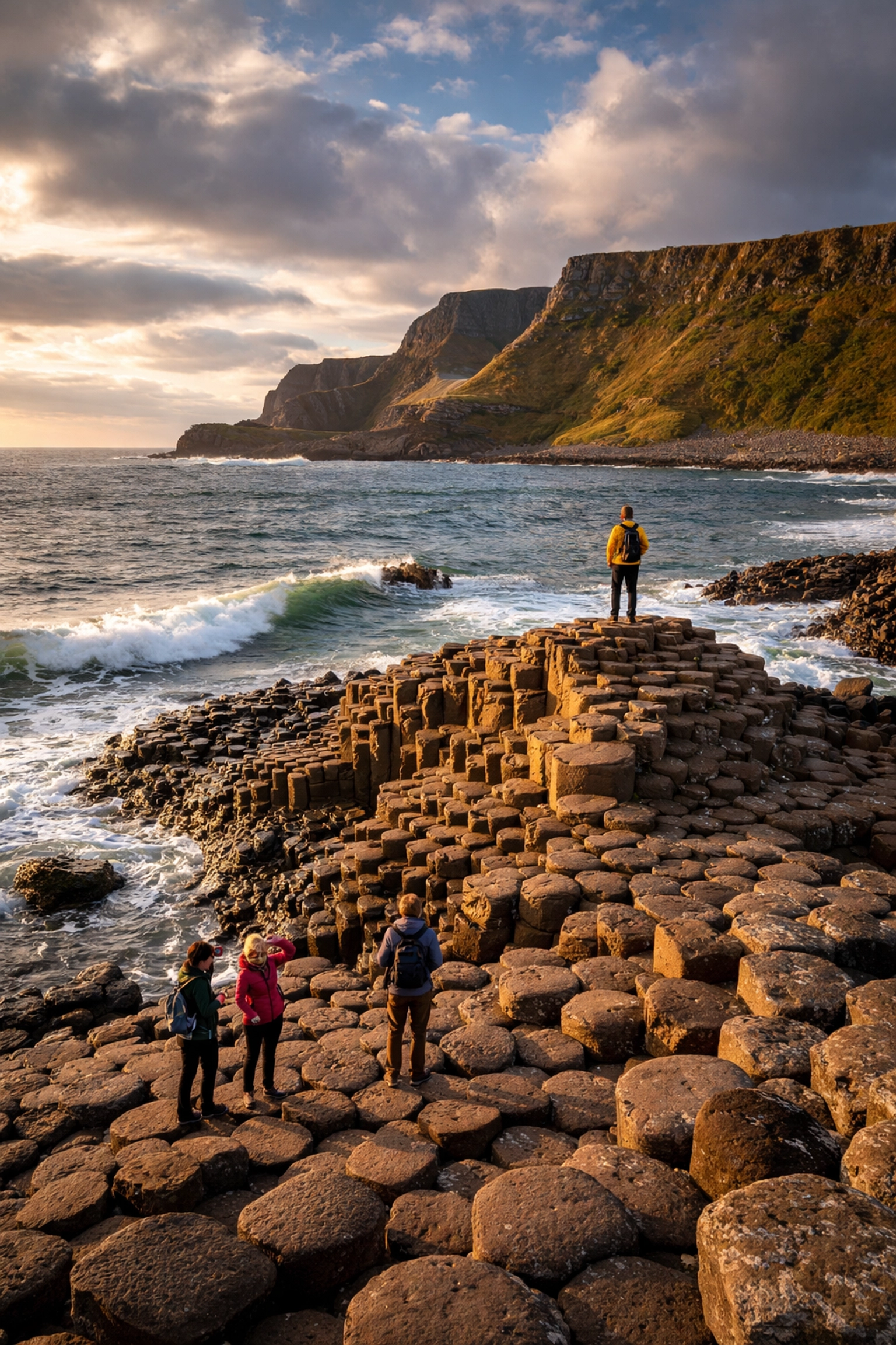 Tourists exploring the Giant's Causeway basalt columns on a Belfast to Giants Causeway tour
