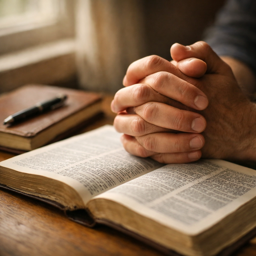 Hands in prayer over open Bible seeking wisdom and discernment