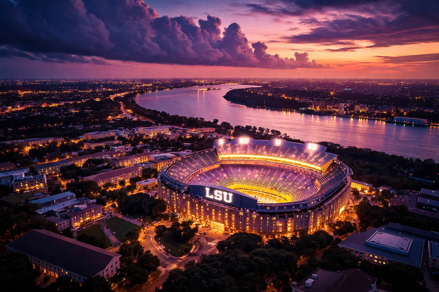 Aerial view of LSU campus and Tiger Stadium in Baton Rouge lit in purple and gold at sunset