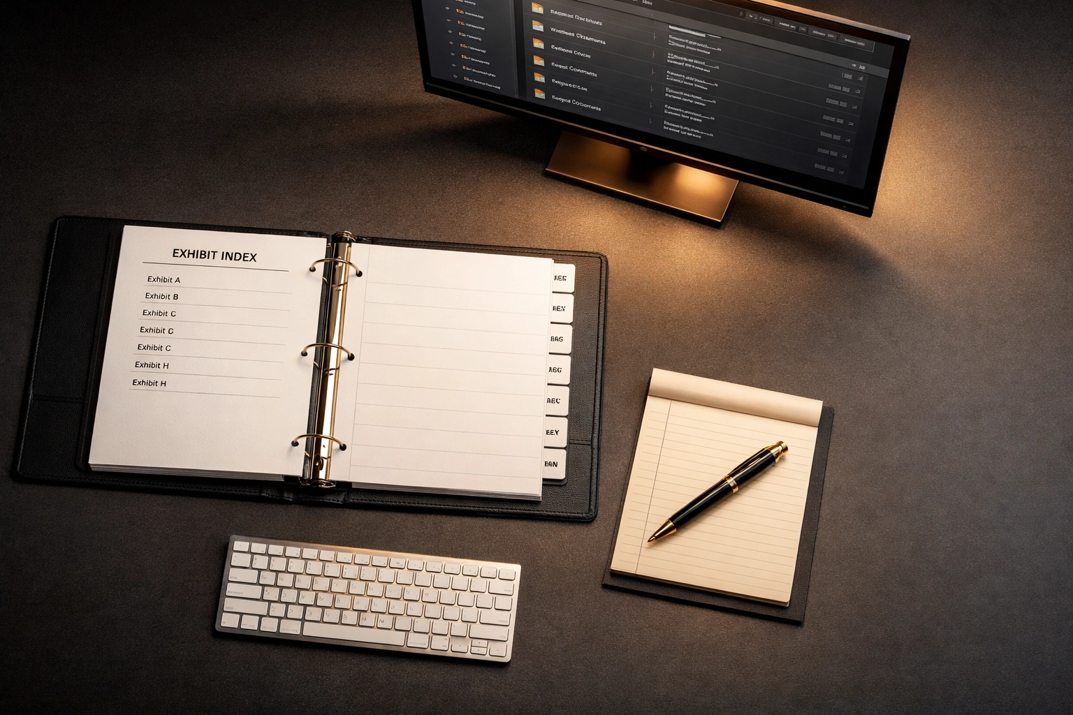 Minimalist attorney workspace with indexed trial binder, case files on monitor, and organized desk setup
