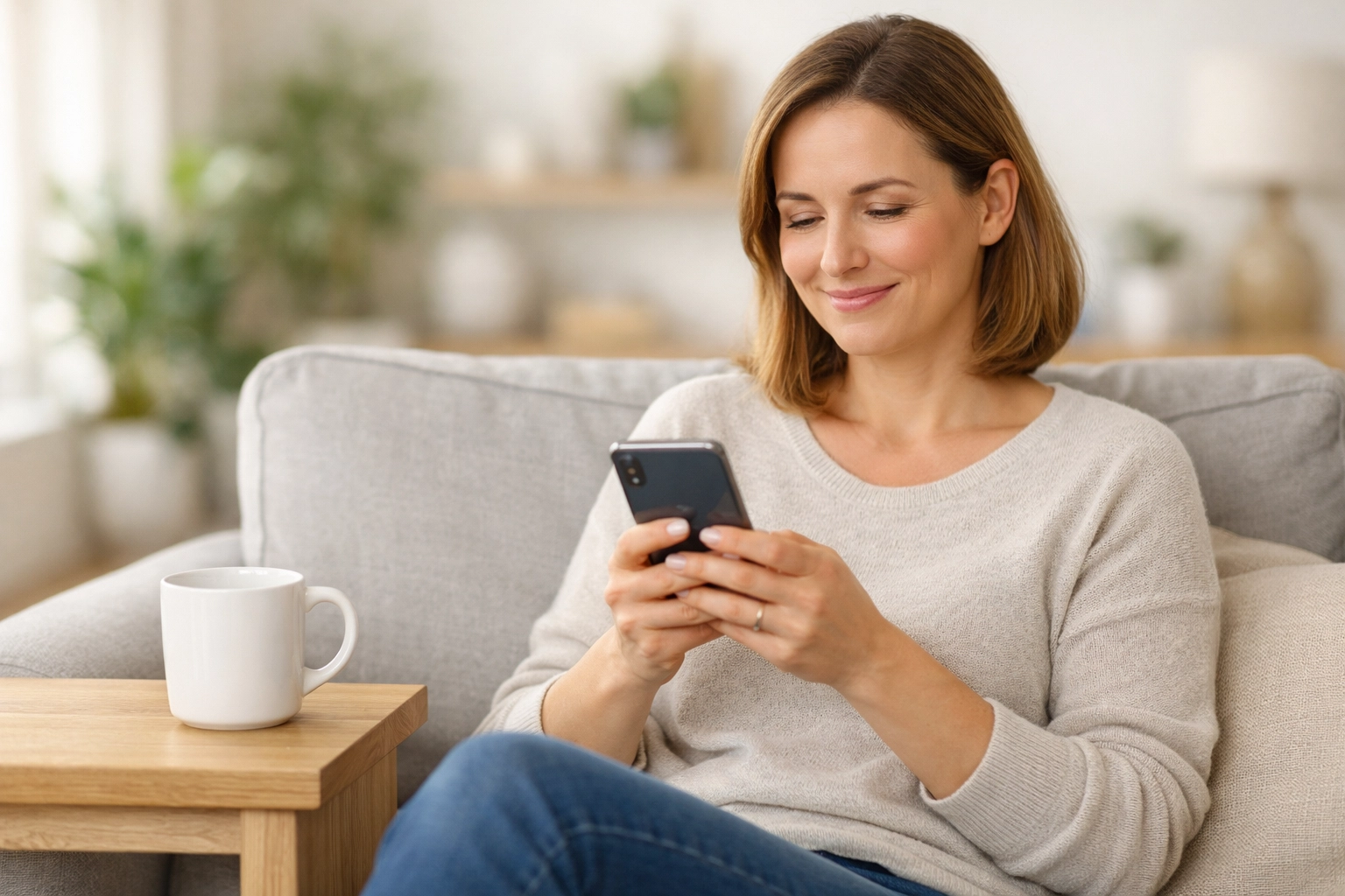 Person using a smartphone on a couch to apply for an Interac E-Transfer loan in Canada.