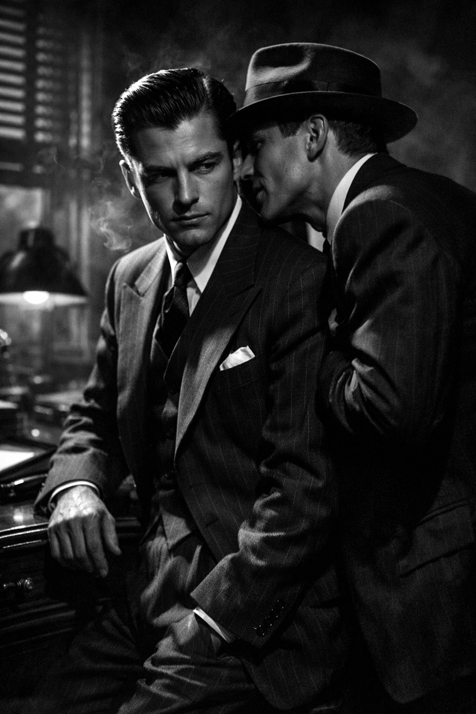 Cinematic 1940s film noir scene of two men in suits, representing queer coding and gay subtext in classic cinema.