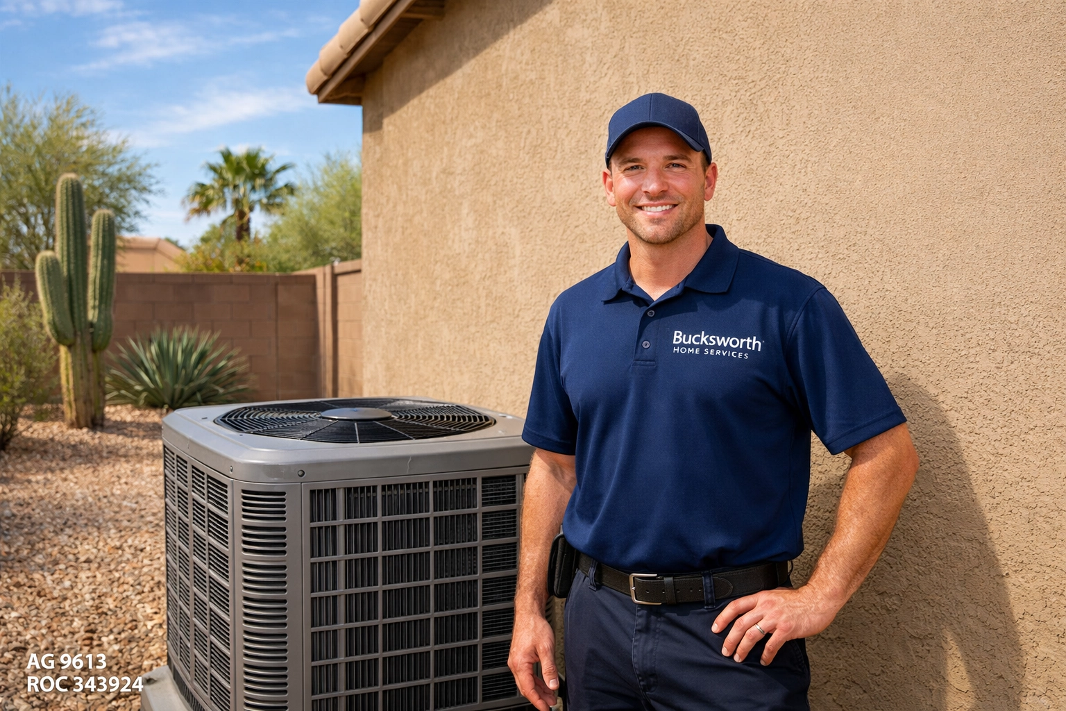 Professional AC maintenance by a Bucksworth technician for a residential home in Chandler, Arizona.