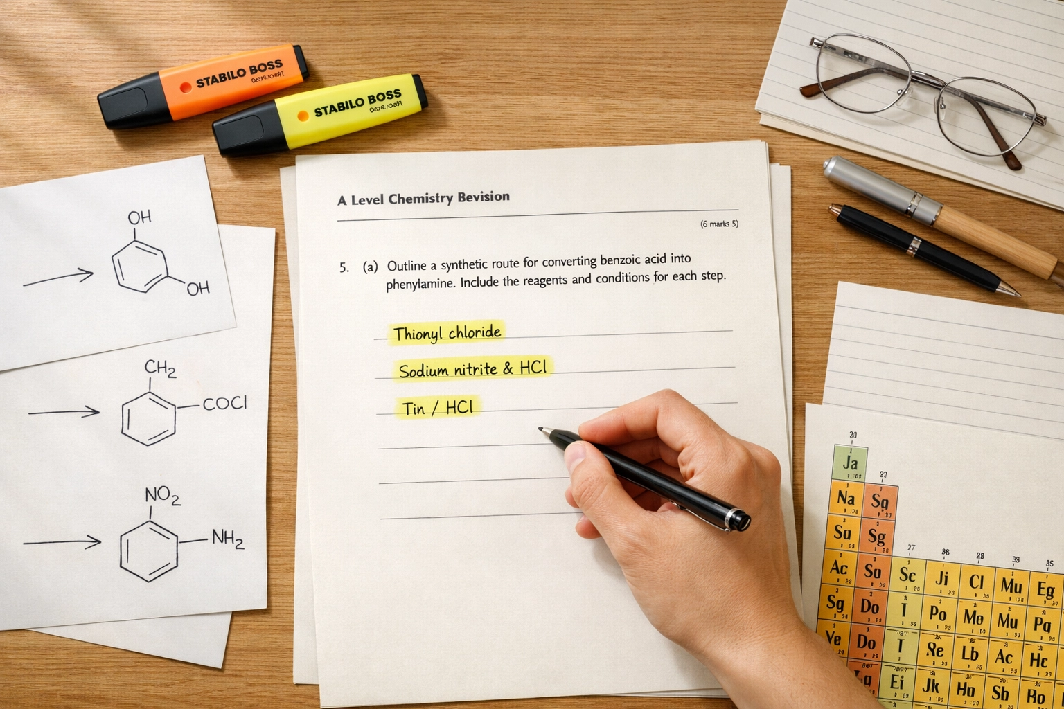 A Level Chemistry student working on 6-mark synthesis question with molecular diagrams and highlighted reagents