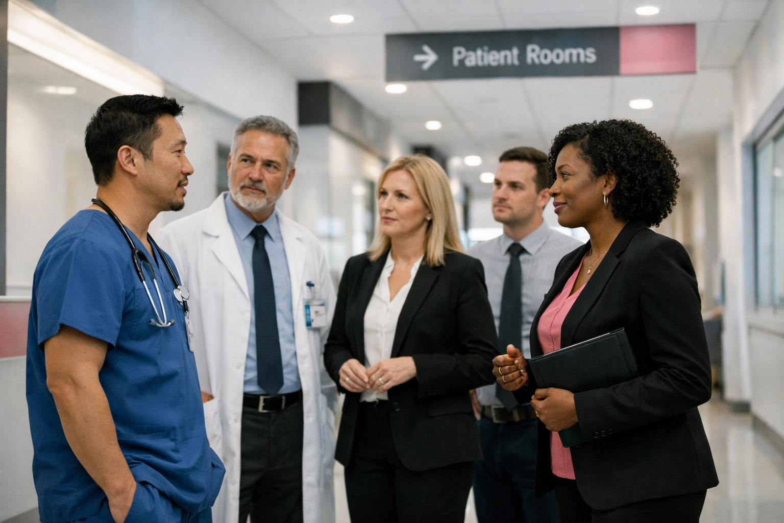 A stable healthcare leadership team collaborating in a modern nursing facility hallway.
