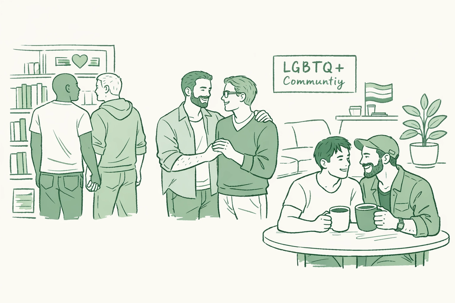 Hand-drawn scene of male couples in an inclusive bookstore, showcasing queer community and gay literature spaces.