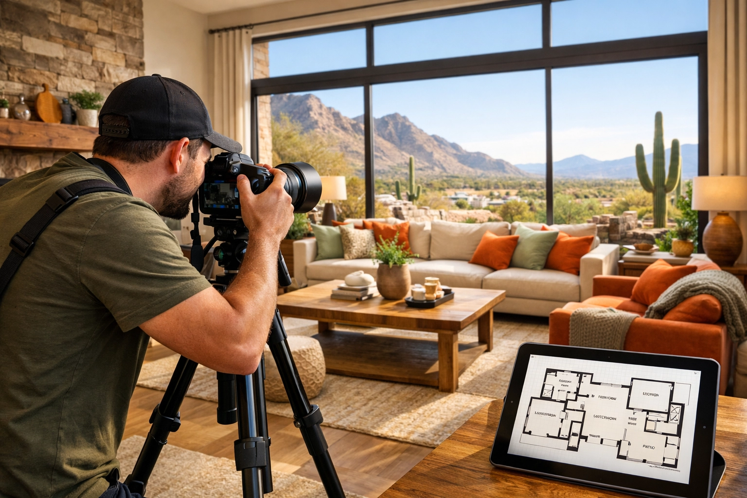 Professional photographer capturing staged Arizona home interior with floor plan for listing