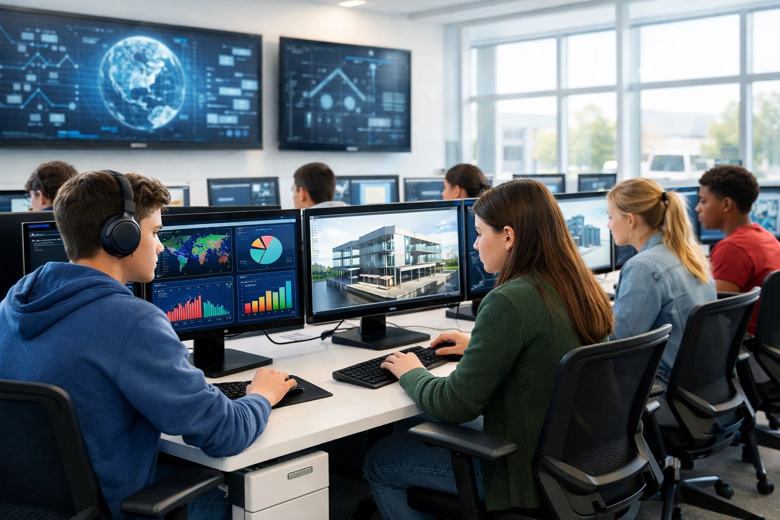 High school students in a high-tech learning lab developing skills for future-ready talent pipelines.