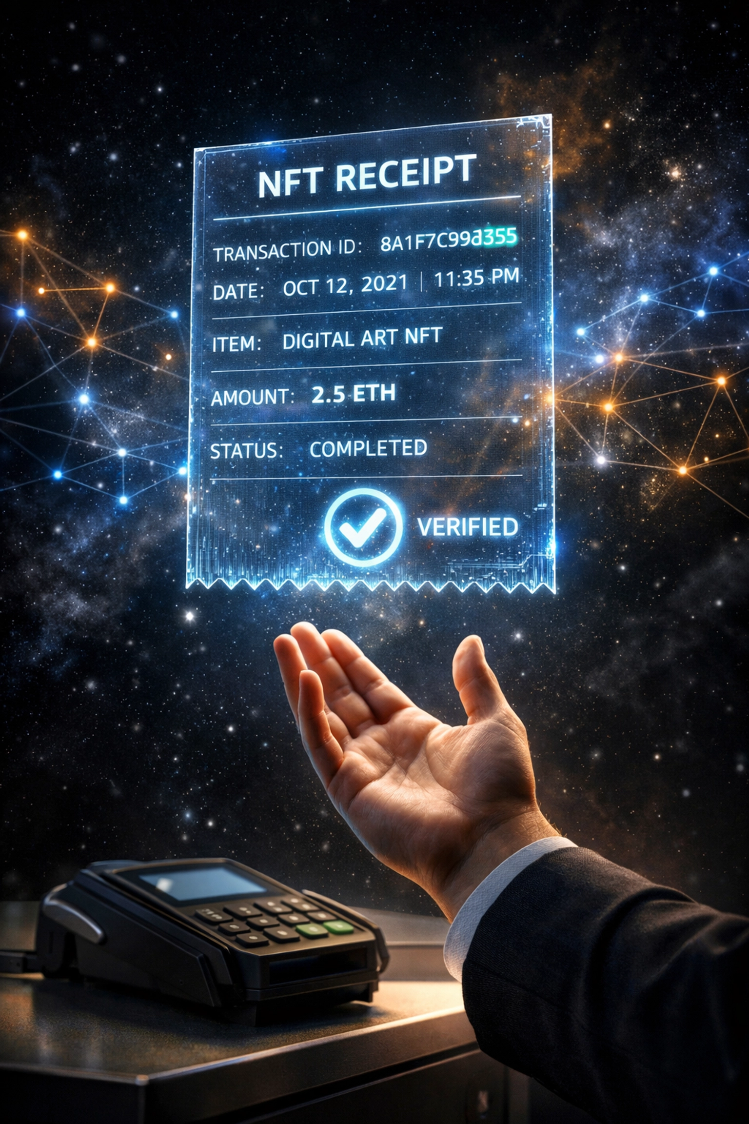 NFT receipt with blockchain verification for crypto transactions and merchant point-of-sale