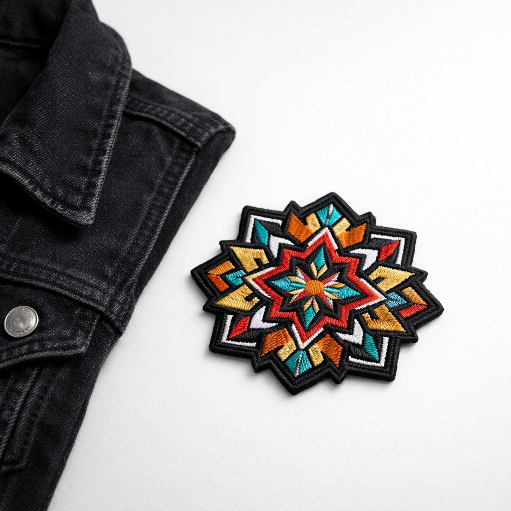 Single premium patch on a jacket collar showcasing professional border finishing and no minimum order quality.