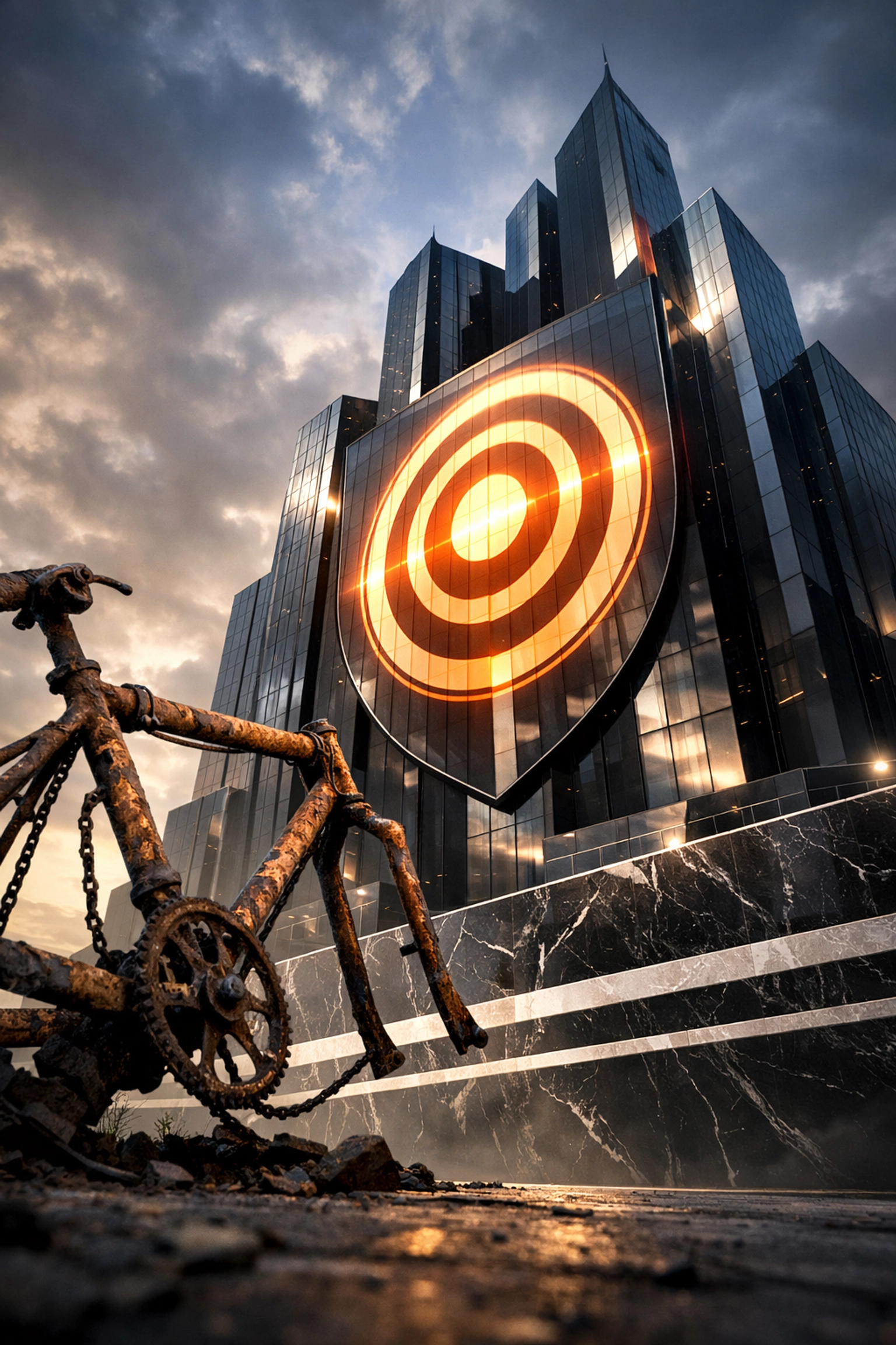 A broken bicycle next to a gleaming corporate fortress, representing the power of building EIN business credit.